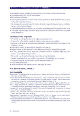 • Extinguido el fuego, quédese uno de retén. Informe de ello a la central telefónica.
• Si no logra extinguirlo, evacúe la instalación.
• No utilice los ascensores.
• Evite la propagación del incendio cierre puertas y ventanas, retire productos que aviven el
fuego, no rompa las ventanas.
• No abra puertas que estén calientes (antes de abrir una puerta toque el pomo; si está ca-
liente o hay humo, no la abra).
• A la llegada del equipo de ayuda, si no lo necesita, ayude a evacuar a los ocupantes de la zona.
• Si hubiese sido evacuado, diríjase al sector colindante o a su zona de reunión si hubiese
salido del edificio.
En el Servicio de Urgencias
• Durante la fase de alerta, desviar las urgencias a otros centros.
• Preparar los enfermos (con ayuda de los acompañantes) para su traslado.
• Desalojar el personal de la sala de espera y pasillos, quedando sólo un acompañante por
enfermo y con él.
• Preparar los medios de reanimación, elementos de cura, etc.
• Urgencias es el escalón de enlace hacia otros hospitales para enfermos más graves.
• En UVI y reanimación, por las especiales características de los enfermos ingresados, este
servicio se considera “no evacuable”.
• Durante la fase de alerta, el personal acudirá a su lugar de trabajo.
• Realizar los preparativos para recibir a los pacientes afectados por la emergencia.
• Preparar el material necesario para atender a posibles pacientes.
• Cerrar todas las puertas.
• Taponar aberturas que puedan permitir la entrada de humos.
Plan de evacuación (Tabla 6.5)
BIBLIOGRAFÍA
Álvarez Leiva C, Chuliá Campos V, Hernando Lorenzo A. Manual de Asistencia Sanitaria en las Catástrofes.
Madrid: Arán-ELA; 1992.
Atienza Pérez MM, Pacheco Rodríguez A, Talavera Díaz F, Juárez González RA. Actuación ante situaciones
de catástrofes e incidentes con múltiples lesionados. En: Julián Jiménez A (coord.). Manual de Protocolos
y Actuación en Urgencias. 3ª ed. Madrid: Edicomplet-Saned; 2010. pp. 53-72.
Auf der Heide E. The Importante of Evidence-Based Disaster Planning. Ann Emerg Med. 2006;47:34-49.
Born CT, Briggs SM, Ciraulo DL, Frykberg ER, Hammond JS, Hirshberg A, et al. Disasters and mass casualties:
I. General principles of response and management. J Am Acad Orthop Surg. 2007;15:388-96.
Champion HR, Sacco WJ, Copes WSX, Gann DS, Gennarelli TA, Flanagan ME. A revision of the Trauma
Score. J Trauma. 1989;29:623-629.
Garner A, Lee A, Harrison K, Schultz CH. Comparative analysis of multiple-casualty incident triage algo-
rithms. Ann Emerg Med. 2001;38:541-8.
Mass casualties: Preparedness, Research, & Response Tools. Centers for Disease Control. Disponible en:
http://www.bt.cdc.gov/masscasualties/preparedness.asp. Acceso mar. 2008.
Pacheco Rodríguez A, Gómez Navarro C, Ruíz Moruno A, Hervás M, Sanz F, Peñalver R. Guía Rápida de re-
ferencia para la elaboración de un Plan de Catástrofes externas hospitalarias. Emergencias. 2006;18(vol
ext):137.
MANUAL DE PROTOCOLOS Y ACTUACIÓN EN URGENCIAS
68 l Capítulo 6
 