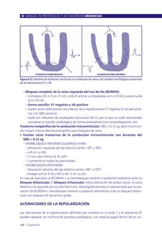 – Bloqueo completo de la rama izquierda del haz de His (BCRIHH):
– Complejos QS o rS en V1-V2, onda R anchas y empastadas en I y V5-V6 y ausencia de
Q en V5-V6.
– Forma sencilla: V1 negativo y V6 positivo
– Suelen existir alteraciones secundarias de la repolarización (T negativa en las derivacio-
nes con QRS positivo).
– Suele ser indicativo de cardiopatía estructural del VI, por lo que se suele recomendar
completar el estudio cardiológico de forma ambulatoria (con ecocardiograma, etc).
Trastorno inespecífico de la conducción intraventricular: QRS > 0,12 sg, pero no se cum-
ple ningún criterio electrocardiográfico para bloqueo de rama.
• Existen otros trastornos de la conducción intraventricular con duración del
QRS < 0,12 sg:
– HEMIBLOQUEO ANTERIOR IZQUIERDO (HARI):
– Desviación izquierda del eje eléctrico (entre -30º y -90º).
– q R en I y AVL.
– r S en cara inferior (II, III, aVF).
– S presente en todas las precordiales.
– HEMIBLOQUEO POSTERIOR:
– Desviación derecha del eje eléctrico (entre +90º +120º).
– Imagen q R en II, III y AVF y de r S en I y aVL.
En caso de asociarse un BCRDHH + un hemibloqueo (anterior o posterior) estaremos ante un
bloqueo bifascicular. El bloqueo trifascicular indica afectación de ambas ramas: la rama
derecha y la izquierda y/o sus dos fascículos. Electrográficamente es representado por la aso-
ciación de BCRDHH + hemibloqueo anterior o posterior alternantes o de un bloqueo bifasci-
cular con bloqueo AV de primer grado.
ALTERACIONES DE LA REPOLARIZACIÓN
Las alteraciones de la repolarización definidas por cambios en la onda T y el segmento ST
pueden aparecer en multitud de procesos patológicos, con especial papel dentro de los sín-
MANUAL DE PROTOCOLOS Y ACTUACIÓN EN URGENCIAS
106 l Capítulo 9
Figura 9.12. Vectores de activación ventricular en el bloqueo de rama y los cambios morfológicos posteriores
de las derivaciones V1 y V6.
 