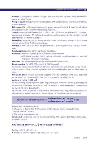 Glucosa (> 20 mg/dl): su presencia obliga a descartar en primer lugar DM, después debemos
pensar en tubulopatías.
Cuerpos cetónicos: aparecen en la cetoacidosis, DM, acidosis láctica, enfermedades febriles,
vómitos y diarrea.
Bilirrubina (0,2 ng/cl): aparece cuando en sangre supera el límite de 2 mg/dl de bilirrubina
conjugada (relación con enfermedades hepatobiliares).
Sangre: las causas más frecuentes son infecciones, nefrolitiasis, neoplasias (riñón y vejiga),
adenoma de próstata, HTA maligna, traumatismos y glomerulonefritis. Se considera normal
sedimento de 1-5 hematíes/campo.
Leucocitos: las causas más frecuentes son infecciones, nefrolitiasis y prostatitis. Se considera
normal sedimento de 1-5 leucocitos/campo.
Nitritos: informa de la existencia de gérmenes en la orina; su positividad se asocia a infec-
ción.
Células epiteliales: no tienen significado patológico.
Cilindros:– Hialinos: Pueden aparecer en condiciones normales.
– Celulares (hemáticos, leucocitarios y epiteliales): en glomerulonefritis o en he-
morragias intraparenquimatosas.
Cristales: sólo tienen importancia si se acompañan de clínica (litiasis).
Iones en orina: Na+
(130-260 mmol/l); K+
(35-90 mmol/l).
Informa de alteraciones electrolíticas. Se utiliza conjuntamente con iones en sangre y el cál-
culo de la osmolalidad plasmática para la clasificación etiopatogénica de las alteraciones ió-
nicas.
Drogas en orina: solicitar cuando se sospeche abuso de sustancias como causa etiológica
en pacientes con: crisis comicial, brote psicótico, sospecha de sobredosis, etc.
Amilasa en orina (< 460 U/l)
La utilizaremos para el diagnóstico de PA en pacientes con amilasemia normal que se sospeche
clínicamente. Esta alteración se produce en pacientes con hipertrigliceridemia o pancreatitis
de más de 48 horas de evolución.
Se considera muy útil calcular el aclaramiento amilasa/creatinina (requiere muestras simultá-
neas de sangre y orina) para control de administración de volumen a estos pacientes.
amilasa urinaria x Cr sangre
Aclaramiento amilasa/creatinina = x 100
amilasa sangre x Cr urinaria
Aclaramiento amilasa/creatinina:
> 5% apoya el diagnóstico de PA, aunque también puede ocurrir otras patologías.
1-5% se considera normal.
< 1% sugiere macroamilasemia.
Sensibilidad: ligeramente superior a la amilasemia (90-93%), ya que detecta pancreatitis agu-
das evolucionadas.
PRUEBA DE EMBARAZO (“TEST GALLI-MAININI”)
Positivo (si HCG > 25 U/L) en:
• Embarazo con una fiabilidad del 95% a los 10-15 días.
Interpretación analítica en Urgencias
Capítulo 11 l 135
 