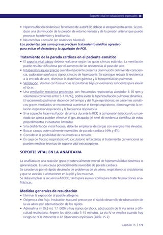 • Hiperinsuflación dinámica o fenómeno de autoPEEP, debido al atrapamiento aéreo. Se pro-
duce una disminución de la presión de retorno venoso y de la presión arterial que puede
provocar hipotensión y bradicardia.
• Neumotórax a tensión (en ocasiones bilateral).
Los pacientes con asma grave precisan tratamiento médico agresivo
para evitar el deterioro y la aparición de PCR.
Tratamiento de la parada cardiaca en el paciente asmático
• El soporte vital básico deberá realizarse según las guías clínicas estándar. La ventilación
puede resultar dificultosa por el aumento de las resistencias al paso del aire.
• Intubación traqueal precoz cuando el paciente presenta disminución del nivel de conscien-
cia, sudoración profusa o signos clínicos de hipercapnia. Se consigue reducir la resistencia
a la entrada de aire, disminuir la distensión gástrica y la hipoventilación pulmonar.
• Ventilación. Ventilar con frecuencias respiratorias bajas y volúmenes suficientes para elevar
el tórax.
• Una ventilación mecánica protectora, con frecuencias respiratorias alrededor 8-10 rpm y
volúmenes corrientes entre 5-7 mL/Kg, podría evitar la hiperinsuflación pulmonar dinámica.
El vaciamiento pulmonar depende del tiempo y del flujo espiratorios; en pacientes asmáti-
cos graves ventilados se recomienda aumentar el tiempo espiratorio, disminuyendo la re-
lación inspiración/espiración y la frecuencia respiratoria.
• Si se sospecha hiperinsuflación dinámica durante la RCP, la compresión torácica y/o un pe-
ríodo de apnea pueden eliminar el gas atrapado (el nivel de evidencia científica de estos
procedimientos es bastante limitado).
• Si la desfibrilación inicial fracasa, deberán emplearse descargas con energías más elevadas.
• Buscar causas potencialmente reversibles de parada cardiaca (4Hs y 4Ts).
• Considerar la posibilidad de neumotórax a tensión.
• En caso de fracaso respiratorio y/o circulatorio refractarios al tratamiento convencional se
pueden emplear técnicas de soporte vital extracorpóreo.
SOPORTE VITAL EN LA ANAFILAXIA
La anafilaxia es una reacción grave y potencialmente mortal de hipersensibilidad sistémica o
generalizada. Es una causa potencialmente reversible de parada cardiaca.
Se caracteriza por el rápido desarrollo de problemas de vía aérea, respiratorios o circulatorios
y que se asocian a alteraciones en la piel y las mucosas.
Se debe emplear la secuencia ABCDE, tanto para evaluar como para tratar las reacciones ana-
filácticas.
Medidas generales de resucitación
• Eliminar la exposición al posible alérgeno.
• Oxígeno a alto flujo. Intubación traqueal precoz por el rápido desarrollo de obstrucción de
la vía aérea por edematización de los tejidos.
• Adrenalina im (0,5 mL 1:1.000) si hay signos de shock, obstrucción de la vía aérea o difi-
cultad respiratoria. Repetir las dosis cada 5-15 minutos. La vía IV se emplea cuando hay
riesgo de PCR inminente o en situaciones especiales (Tabla 15.2).
Soporte vital en situaciones especiales
Capítulo 15 l 179
 