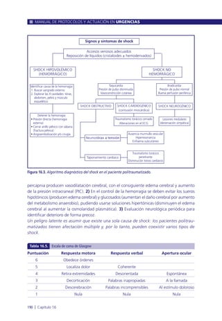 percapnia producen vasodilatación cerebral, con el consiguiente edema cerebral y aumento
de la presión intracraneal (PIC). 2) En el control de la hemorragia se deben evitar los sueros
hipotónicos (producen edema cerebral) y glucosados (aumentan el daño cerebral por aumento
del metabolismo anaerobio), pudiendo usarse soluciones hipertónicas (disminuyen el edema
cerebral al aumentar la osmolaridad plasmática). 3) Evaluación neurológica periódica para
identificar deterioro de forma precoz.
Un peligro latente es asumir que existe una sola causa de shock: los pacientes politrau-
matizados tienen afectación múltiple y, por lo tanto, pueden coexistir varios tipos de
shock.
MANUAL DE PROTOCOLOS Y ACTUACIÓN EN URGENCIAS
190 l Capítulo 16
Figura 16.3. Algoritmo diagnóstico del shock en el paciente politraumatizado.
Identificar causa de la hemorragia:
1. Buscar sangrado externo
2. Explorar las 4 cavidades: tórax,
abdomen, pelvis y músculo
esquelético
Detener la hemorragia:
• Presión directa (hemorragia
externa)
• Cerrar anillo pélvico con sábana
(fractura pélvica)
• Angioembolización y/o cirugía
SHOCK HIPOVOLÉMICO
(HEMORRÁGICO)
Accesos venosos adecuados
Reposición de líquidos (cristaloides ± hemoderivados)
Signos y síntomas de shock
SHOCK NO
HEMORRÁGICO
Lesiones medulares
(denervación simpática)
SHOCK NEUROGÉNICO
Bradicardia
Presión de pulso normal
Buena perfusión periférica
Traumatismo torácico
penetrante
Disminución tonos cardiacos
Ausencia murmullo vesicular
Hiperresonancia
Enfisema subcutáneo
Neumotórax a tensión
Taponamiento cardiaco
Taquicardia
Presión de pulso disminuida
Vasoconstricción cutánea
SHOCK OBSTRUCTIVO
Traumatismo torácico cerrado
Alteraciones en el ECG
SHOCK CARDIOGÉNICO
(contusión miocárdica)
Puntuación Respuesta motora Respuesta verbal Apertura ocular
6 Obedece órdenes
5 Localiza dolor Coherente
4 Retira extremidades Desorientada Espontánea
3 Decorticación Palabras inapropiadas A la llamada
2 Descerebración Palabras incomprensibles Al estímulo doloroso
1 Nula Nula Nula
Tabla 16.5. Escala de coma de Glasgow
 
