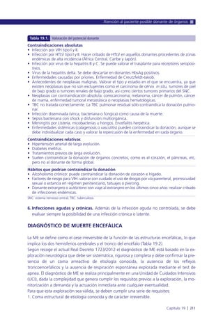 6. Infecciones agudas y crónicas. Además de la infección aguda no controlada, se debe
evaluar siempre la posibilidad de una infección crónica o latente.
DIAGNÓSTICO DE MUERTE ENCEFÁLICA
La ME se define como el cese irreversible de la función de las estructuras encefálicas, lo que
implica los dos hemisferios cerebrales y el tronco del encéfalo (Tabla 19.2).
Según recoge el actual Real Decreto 1723/2012 el diagnóstico de ME está basado en la ex-
ploración neurológica que debe ser sistemática, rigurosa y completa y debe confirmar la pre-
sencia de un coma arreactivo de etiología conocida, la ausencia de los reflejos
troncoencefálicos y la ausencia de respiración espontánea explorada mediante el test de
apnea. El diagnóstico de ME se realiza principalmente en una Unidad de Cuidados Intensivos
(UCI), dada la complejidad que genera cumplir los requisitos previos a la exploración, la mo-
nitorización a demanda y la actuación inmediata ante cualquier eventualidad.
Para que esta exploración sea válida, se deben cumplir una serie de requisitos:
1. Coma estructural de etiología conocida y de carácter irreversible.
Atención al paciente posible donante de órganos
Capítulo 19 l 211
Contraindicaciones absolutas
• Infección por VIH tipo I y II.
• Infección por HTLV tipo I y II. Hacer cribado de HTLV en aquellos donantes procedentes de zonas
endémicas de alta incidencia (África Central, Caribe y Japón).
• Infección por virus de la hepatitis B y C. Se puede valorar el trasplante para receptores seroposi-
tivos.
• Virus de la hepatitis delta. Se debe descartar en donantes HbsAg positivos.
• Enfermedades causadas por priones. Enfermedad de Creutzfeldt-Jakob.
• Antecedentes de neoplasias malignas. Valorar el tipo y estadio en el que se encuentra, ya que
existen neoplasias que no son excluyentes como el carcinoma de cérvix in situ, tumores de piel
de bajo grado o tumores renales de bajo grado, así como ciertos tumores primarios del SNC.
• Neoplasias con contraindicación absoluta: coriocarcinoma, melanoma, cáncer de pulmón, cáncer
de mama, enfermedad tumoral metastásica o neoplasias hematológicas.
• TBC no tratada correctamente. La TBC pulmonar residual sólo contraindica la donación pulmo-
nar.
• Infección diseminada (vírica, bacteriana o fúngica) como causa de la muerte.
• Sepsis bacteriana con shock y disfunción multiorgánica.
• Meningitis por Listeria, micobacterias u hongos. Encefalitis herpética.
• Enfermedades sistémicas (colagenosis o vasculitis) pueden contraindicar la donación, aunque se
debe individualizar cada caso y valorar la repercusión de la enfermedad en cada órgano.
Contraindicaciones relativas
• Hipertensión arterial de larga evolución.
• Diabetes mellitus.
• Tratamientos previos de larga evolución.
• Suelen contraindicar la donación de órganos concretos, como es el corazón, el páncreas, etc,
pero no al donante de forma global.
Hábitos que podrían contraindicar la donación
• Alcoholismo crónico: puede contraindicar la donación de corazón e hígado.
• Factores de riesgo para VIH: valorar con cuidado el uso de drogas por vía parenteral, promiscuidad
sexual o estancia en régimen penitenciario, tatuajes o piercing.
• Donante extranjero o autóctono con viaje al extranjero en los últimos cinco años: realizar cribado
de infecciones endémicas.
SNC: sistema nervioso central; TBC: tuberculosis.
Tabla 19.1. Valoración del potencial donante
 