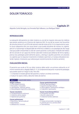 Dolor torácico
Capítulo 21 l 223
INTRODUCCIÓN
La evaluación del paciente con dolor torácico es uno de los mayores retos para los médicos
que prestan asistencia en el Servicio de Urgencias (SU). Es una de las causas más frecuentes
de consulta (entre el 5 y el 25% del volumen total de visitas al SU). En la mayoría de los casos,
la causa subyacente será una causa banal o que pueda estudiarse de manera no urgente,
pero en un porcentaje no despreciable de enfermos se deberá a una patología de alto riesgo
vital que puede comprometer la vida de nuestro paciente a corto plazo. El desafío del médico
del SU consiste en ser capaz de orientar cada dolor torácico para detectar de forma rápida y
precisa esas patologías potencialmente graves, y distinguir aquellos pacientes con procesos
no urgentes que no requieran tratamiento inmediato o permitan un manejo ambulatorio (evi-
tando ingresos innecesarios que sobrecarguen económicamente al sistema sanitario).
EVALUACIÓN INICIAL
El paciente que acude al SU con dolor torácico debe recibir una primera valoración en el
mismo momento de su llegada (Tabla 21.1). Es fundamental descartar inicialmente patologías
que puedan poner en riesgo la vida. Para ello:
1. Comprobar el estado general del paciente y realizar una breve anamnesis.
2. Evaluar los signos vitales y descartar datos de alarma:
DOLOR TORÁCICO
Alejandro Cortés Beringola, Luis Fernando Pajín Valbuena, Luis Rodríguez Padial
Capítulo 21
Origen cardiaco: Causas gastrointestinales:
• Enfermedad coronaria • Reflujo gastroesofágico
• Pericarditis / miocarditis • Espasmo esofágico difuso
• Valvulopatías: estenosis aórtica • Úlcera péptica / perforación esofágica
• Miocardiopatía hipertrófica obstructiva • Colecistitis / pancreatitis
Causas vasculares: Causas musculoesqueléticas:
• Tromboembolismo pulmonar • Discopatías cervicales
• Síndrome aórtico agudo • Bursitis subacromial
• Hipertensión pulmonar • Síndrome hombro doloroso
Causas pulmonares: Otras:
• Neumonía / derrame pleural • Causas emocionales / psicógenas
• Neumotórax • Lesiones por virus varicela zóster
• Mediastinitis / tumores • Traumatismos
Tabla 21.1. Causas de dolor torácico
 