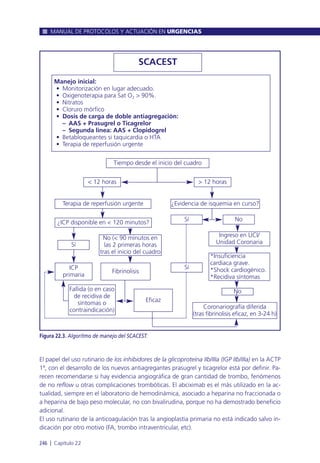 El papel del uso rutinario de los inhibidores de la glicoproteína IIb/IIIa (IGP IIb/IIIa) en la ACTP
1ª, con el desarrollo de los nuevos antiagregantes prasugrel y ticagrelor está por definir. Pa-
recen recomendarse si hay evidencia angiográfica de gran cantidad de trombo, fenómenos
de no reflow u otras complicaciones trombóticas. El abciximab es el más utilizado en la ac-
tualidad, siempre en el laboratorio de hemodinámica, asociado a heparina no fraccionada o
a heparina de bajo peso molecular, no con bivalirudina, porque no ha demostrado beneficio
adicional.
El uso rutinario de la anticoagulación tras la angioplastia primaria no está indicado salvo in-
dicación por otro motivo (FA, trombo intraventricular, etc).
MANUAL DE PROTOCOLOS Y ACTUACIÓN EN URGENCIAS
246 l Capítulo 22
Figura 22.3. Algoritmo de manejo del SCACEST.
SCACEST
Manejo inicial:
• Monitorización en lugar adecuado.
• Oxigenoterapia para Sat O2 > 90%.
• Nitratos
• Cloruro mórfico
• Dosis de carga de doble antiagregación:
– AAS + Prasugrel o Ticagrelor
– Segunda línea: AAS + Clopidogrel
• Betabloqueantes si taquicardia o HTA
• Terapia de reperfusión urgente
Tiempo desde el inicio del cuadro
Coronariografía diferida
(tras fibrinolisis eficaz, en 3-24 h)
No
< 12 horas > 12 horas
¿Evidencia de isquemia en curso?
No
Ingreso en UCI/
Unidad Coronaria
*Insuficiencia
cardiaca grave.
*Shock cardiogénico.
*Recidiva síntomas
Sí
Sí
¿ICP disponible en < 120 minutos?
Terapia de reperfusión urgente
No (< 90 minutos en
las 2 primeras horas
tras el inicio del cuadro
Sí
Fibrinolisis
Eficaz
Fallida (o en caso
de recidiva de
síntomas o
contraindicación)
ICP
primaria
 