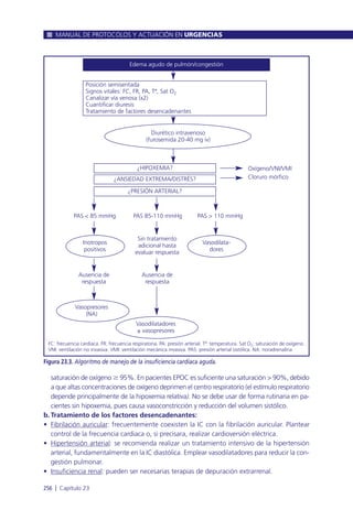 saturación de oxígeno Ն 95%. En pacientes EPOC es suficiente una saturación > 90%, debido
a que altas concentraciones de oxígeno deprimen el centro respiratorio (el estímulo respiratorio
depende principalmente de la hipoxemia relativa). No se debe usar de forma rutinaria en pa-
cientes sin hipoxemia, pues causa vasoconstricción y reducción del volumen sistólico.
b. Tratamiento de los factores desencadenantes:
• Fibrilación auricular: frecuentemente coexisten la IC con la fibrilación auricular. Plantear
control de la frecuencia cardiaca o, si precisara, realizar cardioversión eléctrica.
• Hipertensión arterial: se recomienda realizar un tratamiento intensivo de la hipertensión
arterial, fundamentalmente en la IC diastólica. Emplear vasodilatadores para reducir la con-
gestión pulmonar.
• Insuficiencia renal: pueden ser necesarias terapias de depuración extrarrenal.
MANUAL DE PROTOCOLOS Y ACTUACIÓN EN URGENCIAS
256 l Capítulo 23
Figura 23.3. Algoritmo de manejo de la insuficiencia cardiaca aguda.
¿HIPOXEMIA?
¿ANSIEDAD EXTREMA/DISTRÉS?
¿PRESIÓN ARTERIAL?
Edema agudo de pulmón/congestión
Diurético intravenoso
(furosemida 20-40 mg iv)
Inotropos
positivos
Vasodilata-
dores
Vasopresores
(NA)
Vasodilatadores
± vasopresores
Sin tratamiento
adicional hasta
evaluar respuesta
Ausencia de
respuesta
Ausencia de
respuesta
PAS < 85 mmHg PAS 85-110 mmHg PAS > 110 mmHg
Oxígeno/VNI/VMI
Cloruro mórfico
Posición semisentada
Signos vitales: FC, FR, PA, Tª, Sat O2
Canalizar vía venosa (x2)
Cuantificar diuresis
Tratamiento de factores desencadenantes
FC: frecuencia cardiaca. FR: frecuencia respiratoria. PA: presión arterial. Tª: temperatura. Sat O2: saturación de oxígeno.
VNI: ventilación no invasiva. VMI: ventilación mecánica invasiva. PAS: presión arterial sistólica. NA: noradrenalina
 