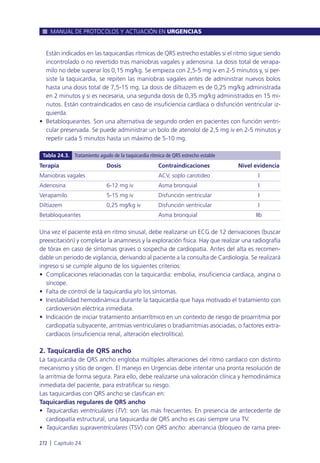 Están indicados en las taquicardias rítmicas de QRS estrecho estables si el ritmo sigue siendo
incontrolado o no revertido tras maniobras vagales y adenosina. La dosis total de verapa-
milo no debe superar los 0,15 mg/kg. Se empieza con 2,5-5 mg iv en 2-5 minutos y, si per-
siste la taquicardia, se repiten las maniobras vagales antes de administrar nuevos bolos
hasta una dosis total de 7,5-15 mg. La dosis de diltiazem es de 0,25 mg/kg administrada
en 2 minutos y si es necesaria, una segunda dosis de 0,35 mg/kg administrados en 15 mi-
nutos. Están contraindicados en caso de insuficiencia cardíaca o disfunción ventricular iz-
quierda.
• Betabloqueantes. Son una alternativa de segundo orden en pacientes con función ventri-
cular preservada. Se puede administrar un bolo de atenolol de 2,5 mg iv en 2-5 minutos y
repetir cada 5 minutos hasta un máximo de 5-10 mg.
Una vez el paciente está en ritmo sinusal, debe realizarse un ECG de 12 derivaciones (buscar
preexcitación) y completar la anamnesis y la exploración física. Hay que realizar una radiografía
de tórax en caso de síntomas graves o sospecha de cardiopatía. Antes del alta es recomen-
dable un periodo de vigilancia, derivando al paciente a la consulta de Cardiología. Se realizará
ingreso si se cumple alguno de los siguientes criterios:
• Complicaciones relacionadas con la taquicardia: embolia, insuficiencia cardíaca, angina o
síncope.
• Falta de control de la taquicardia y/o los síntomas.
• Inestabilidad hemodinámica durante la taquicardia que haya motivado el tratamiento con
cardioversión eléctrica inmediata.
• Indicación de iniciar tratamiento antiarrítmico en un contexto de riesgo de proarritmia por
cardiopatía subyacente, arritmias ventriculares o bradiarritmias asociadas, o factores extra-
cardíacos (insuficiencia renal, alteración electrolítica).
2. Taquicardia de QRS ancho
La taquicardia de QRS ancho engloba múltiples alteraciones del ritmo cardíaco con distinto
mecanismo y sitio de origen. El manejo en Urgencias debe intentar una pronta resolución de
la arritmia de forma segura. Para ello, debe realizarse una valoración clínica y hemodinámica
inmediata del paciente, para estratificar su riesgo.
Las taquicardias con QRS ancho se clasifican en:
Taquicardias regulares de QRS ancho
• Taquicardias ventriculares (TV): son las más frecuentes. En presencia de antecedente de
cardiopatía estructural, una taquicardia de QRS ancho es casi siempre una TV.
• Taquicardias supraventriculares (TSV) con QRS ancho: aberrancia (bloqueo de rama pree-
MANUAL DE PROTOCOLOS Y ACTUACIÓN EN URGENCIAS
272 l Capítulo 24
Terapia Dosis Contraindicaciones Nivel evidencia
Maniobras vagales ACV, soplo carotideo I
Adenosina 6-12 mg iv Asma bronquial I
Verapamilo 5-15 mg iv Disfunción ventricular I
Diltiazem 0,25 mg/kg iv Disfunción ventricular I
Betabloqueantes Asma bronquial IIb
Tabla 24.3. Tratamiento agudo de la taquicardia rítmica de QRS estrecho estable
 