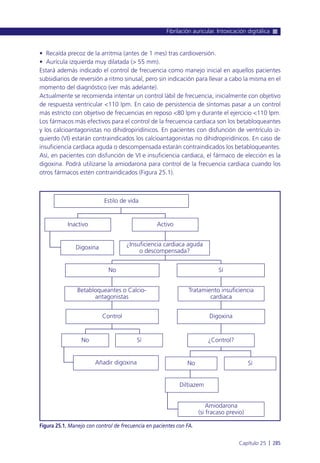 • Recaída precoz de la arritmia (antes de 1 mes) tras cardioversión.
• Aurícula izquierda muy dilatada (> 55 mm).
Estará además indicado el control de frecuencia como manejo inicial en aquellos pacientes
subsidiarios de reversión a ritmo sinusal, pero sin indicación para llevar a cabo la misma en el
momento del diagnóstico (ver más adelante).
Actualmente se recomienda intentar un control lábil de frecuencia, inicialmente con objetivo
de respuesta ventricular <110 lpm. En caso de persistencia de síntomas pasar a un control
más estricto con objetivo de frecuencias en reposo <80 lpm y durante el ejercicio <110 lpm.
Los fármacos más efectivos para el control de la frecuencia cardiaca son los betabloqueantes
y los calcioantagonistas no dihidropiridínicos. En pacientes con disfunción de ventrículo iz-
quierdo (VI) estarán contraindicados los calcioantagonistas no dihidropiridínicos. En caso de
insuficiencia cardiaca aguda o descompensada estarán contraindicados los betabloqueantes.
Así, en pacientes con disfunción de VI e insuficiencia cardiaca, el fármaco de elección es la
digoxina. Podrá utilizarse la amiodarona para control de la frecuencia cardiaca cuando los
otros fármacos estén contraindicados (Figura 25.1).
Fibrilación auricular. Intoxicación digitálica
Capítulo 25 l 285
Figura 25.1. Manejo con control de frecuencia en pacientes con FA.
¿Insuficiencia cardiaca aguda
o descompensada?
Activo
Estilo de vida
Betabloqueantes o Calcio-
antagonistas
No Sí
Tratamiento insuficiencia
cardiaca
Digoxina
¿Control?SíNo
Control
No Sí
Amiodarona
(si fracaso previo)
Diltiazem
Añadir digoxina
Digoxina
Inactivo
 