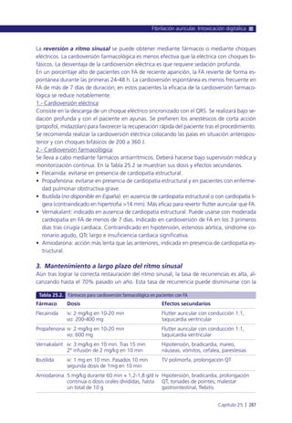 La reversión a ritmo sinusal se puede obtener mediante fármacos o mediante choques
eléctricos. La cardioversión farmacológica es menos efectiva que la eléctrica con choques bi-
fásicos. La desventaja de la cardioversión eléctrica es que requiere sedación profunda.
En un porcentaje alto de pacientes con FA de reciente aparición, la FA revierte de forma es-
pontánea durante las primeras 24-48 h. La cardioversión espontánea es menos frecuente en
FA de más de 7 días de duración; en estos pacientes la eficacia de la cardioversión farmaco-
lógica se reduce notablemente.
1.- Cardioversión eléctrica:
Consiste en la descarga de un choque eléctrico sincronizado con el QRS. Se realizará bajo se-
dación profunda y con el paciente en ayunas. Se prefieren los anestésicos de corta acción
(propofol, midazolan) para favorecer la recuperación rápida del paciente tras el procedimiento.
Se recomienda realizar la cardioversión eléctrica colocando las palas en situación anteropos-
terior y con choques bifásicos de 200 a 360 J.
2.- Cardioversión farmacológica:
Se lleva a cabo mediante fármacos antiarrítmicos. Deberá hacerse bajo supervisión médica y
monitorización continua. En la Tabla 25.2 se muestran sus dosis y efectos secundarios.
• Flecainida: evitarse en presencia de cardiopatía estructural.
• Propafenona: evitarse en presencia de cardiopatía estructural y en pacientes con enferme-
dad pulmonar obstructiva grave.
• Ibutilida (no disponible en España): en ausencia de cardiopatía estructural o con cardiopatía li-
gera (contraindicado en hipertrofia >14 mm). Más eficaz para revertir flutter auricular que FA.
• Vernakalant: indicado en ausencia de cardiopatía estructural. Puede usarse con moderada
cardiopatía en FA de menos de 7 días. Indicado en cardioversión de FA en los 3 primeros
días tras cirugía cardiaca. Contraindicado en hipotensión, estenosis aórtica, síndrome co-
ronario agudo, QTc largo e insuficiencia cardiaca significativa.
• Amiodarona: acción más lenta que las anteriores, indicada en presencia de cardiopatía es-
tructural.
3. Mantenimiento a largo plazo del ritmo sinusal
Aún tras lograr la correcta restauración del ritmo sinusal, la tasa de recurrencias es alta, al-
canzando hasta el 70% pasado un año. Esta tasa de recurrencia puede disminuirse con la
Fibrilación auricular. Intoxicación digitálica
Capítulo 25 l 287
Fármaco
Flecainida
Propafenona
Vernakalant
Ibutilida
Amiodarona
Dosis
iv: 2 mg/kg en 10-20 min
vo: 200-400 mg
iv: 2 mg/kg en 10-20 min
vo: 600 mg
iv: 3 mg/kg en 10 min. Tras 15 min
2º infusión de 2 mg/kg en 10 min
iv: 1 mg en 10 min. Pasados 10 min
segunda dosis de 1mg en 10 min
5 mg/kg durante 60 min + 1,2-1,8 g/d iv
continua o dosis orales divididas, hasta
un total de 10 g
Efectos secundarios
Flutter auricular con conducción 1:1,
taquicardia ventricular
Flutter auricular con conducción 1:1,
taquicardia ventricular
Hipotensión, bradicardia, mareo,
náuseas, vómitos, cefalea, parestesias
TV polimorfa, prolongación QT
Hipotensión, bradicardia, prolongación
QT, torsades de pointes, malestar
gastrointestinal, flebitis
Tabla 25.2. Fármacos para cardioversión farmacológica en pacientes con FA
 