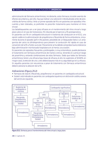 administración de fármacos antiarrítmicos; no obstante, estos fármacos no están exentos de
efectos secundarios y, por ello, hay que realizar una valoración individualizada antes de pres-
cribirlos de forma crónica. Ante un primer episodio de FA o en pacientes con episodios infre-
cuentes y bien tolerados, es preferible no prescribir tratamiento para mantener el ritmo
sinusal.
Los betabloqueantes van a ser poco eficaces en el mantenimiento del ritmo sinusal a largo
plazo salvo en el caso de tirotoxicosis, FA inducida por el ejercicio y FA postoperatoria.
En pacientes con FA sin cardiopatía estructural ni trastornos de conducción en el ECG, una
opción viable es la administración de propafenona o flecainida de forma ambulatoria, única-
mente durante el episodio (pill in the pocket), precedido de un bloqueador beta o un anta-
gonista del calcio no dihidropiridinico para prevenir la conducción AV rápida en caso de
conversión de la FA a flutter auricular. Previamente se ha debido comprobar buena tolerancia
bajo administración monitorizada hospitalaria en al menos una ocasión.
En pacientes con episodios frecuentes y prolongados, o muy sintomáticos, puede plantearse
el tratamiento con fármacos antiarrítmicos de manera crónica, teniendo en cuenta el riesgo
de proarritmia y evitando combinaciones de estos fármacos. Dado que todos los fármacos
antiarrítmicos tienen una eficacia baja (tasas de eficacia al año no superiores al 50-60% en
ningún caso), la elección de uno u otro deberá basarse más en su seguridad que en su eficacia.
En aquellos pacientes con recurrencias a pesar de tratamiento con fármacos antiarrítmicos
deberá valorarse la ablación de la FA.
Indicaciones (Figura 25.2)
• Fármacos de clase IC (flecainida, propafenona): en pacientes sin cardiopatía estructural.
• Sotalol: está indicado en pacientes con cardiopatía isquémica sin disfunción sistólica severa
del ventrículo izquierdo.
MANUAL DE PROTOCOLOS Y ACTUACIÓN EN URGENCIAS
288 l Capítulo 25
Figura 25.2. Fármacos para el mantenimiento del ritmo sinusal a largo plazo.
Ausencia de
cardiopatía o
mínima
Flecainida,
Propafenona,
Dronedarona,
Sotalol
Flecainida,
Propafenona,
Dronedarona,
Sotalol
Amiodarona
Sotalol
C. Isquémi-
ca
Dronedarona
IC.
Disfunción
sistólica de
VI
Amiodarona
Dronedarona
AmiodaronaAmiodarona
HVI
ജ14 mm
Sin
hipertrofia
VI (o
<14 mm)
HTA
Cardiopatía significativa
Amiodarona
 
