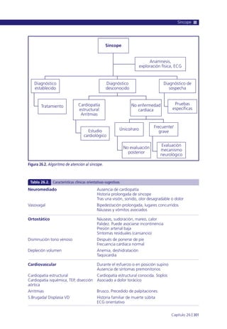 Síncope
Capítulo 26 l 301
Figura 26.2. Algoritmo de atención al síncope.
No enfermedad
cardiaca
Síncope
Cardiopatía
estructural
Arritmias
Diagnóstico
establecido
Tratamiento
No evaluación
posterior
Único/raroEstudio
cardiológico
Anamnesis,
exploración física, ECG
Pruebas
específicas
No enfermedad
cardiaca
Frecuente/
grave
Evaluación
mecanismo
neurológico
Diagnóstico de
sospecha
Diagnóstico
desconocido
Neuromediado
Vasovagal
Ortostático
Disminución tono venoso
Depleción volumen
Cardiovascular
Cardiopatía estructural
Cardiopatía isquémica, TEP, disección
aórtica
Arritmias
S.Brugada/ Displasia VD
Ausencia de cardiopatía
Historia prolongada de síncope
Tras una visión, sonido, olor desagradable o dolor
Bipedestación prolongada, lugares concurridos
Náuseas y vómitos asociados
Náuseas, sudoración, mareo, calor
Palidez. Puede asociarse incontinencia
Presión arterial baja
Síntomas residuales (cansancio)
Después de ponerse de pie
Frecuencia cardiaca normal
Anemia, deshidratación
Taquicardia
Durante el esfuerzo o en posición supino
Ausencia de síntomas premonitorios
Cardiopatía estructural conocida. Soplos
Asociado a dolor torácico
Brusco. Precedido de palpitaciones
Historia familiar de muerte súbita
ECG orientativo
Tabla 26.2. Características clínicas orientativas-sugestivas
 