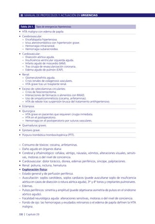 – Consumo de tóxicos: cocaína, anfetaminas.
– Daño agudo en órganos diana:
• Cerebral y oftalmológico: cefalea, vértigo, náuseas, vómitos, alteraciones visuales, sensiti-
vas, motoras o del nivel de conciencia.
• Cardiovascular: dolor torácico, disnea, edemas periféricos, síncope, palpitaciones.
• Renal: poliuria, nicturia, hematuria.
• Exploración física:
– Estado general y de perfusión periférica.
– Auscultación: soplos carotídeos, soplos cardiacos (puede auscultarse soplo de insuficiencia
aórtica en casos de disección o rotura aórtica aguda), 3er
y 4º tonos y crepitantes pulmonares.
– Edemas.
– Pulsos periféricos: simetría y amplitud (puede objetivarse asimetría de pulsos en el síndrome
aórtico agudo).
– Focalidad neurológica aguda: alteraciones sensitivas, motoras o del nivel de conciencia.
– Fondo de ojo: las hemorragias y exudados retinianos o el edema de papila definen la HTA
maligna.
MANUAL DE PROTOCOLOS Y ACTUACIÓN EN URGENCIAS
330 l Capítulo 29
• HTA maligna con edema de papila.
• Cerebrovascular:
– Encefalopatía hipertensiva.
– Ictus aterotrombótico con hipertensión grave.
– Hemorragia intracraneal.
– Hemorragia subaracnoidea.
• Cardiovascular:
– Disección aórtica aguda.
– Insuficiencia ventricular izquierda aguda.
– Infarto agudo de miocardio (IAM).
– Tras cirugía de revascularización coronaria.
– Edema agudo de pulmón (EAP).
• Renal:
– Glomerulonefritis aguda.
– Crisis renales de colagenosis vasculares.
– HTA grave tras un trasplante renal.
• Exceso de catecolaminas circulantes:
– Crisis de feocromocitoma.
– Interacciones de fármacos o alimentos con IMAO.
– Uso de simpaticomiméticos (cocaína, anfetaminas).
– HTA de rebote tras suspensión brusca del tratamiento antihipertensivo.
• Eclampsia.
• Quirúrgica:
– HTA grave en pacientes que requieren cirugía inmediata.
– HTA en el postoperatorio.
– Hemorragia en el postoperatorio por suturas vasculares.
• Quemaduras graves.
• Epistaxis grave.
• Púrpura trombótica trombocitopénica (PTT).
Tabla 29.1. Tipos de emergencias hipertensivas
 