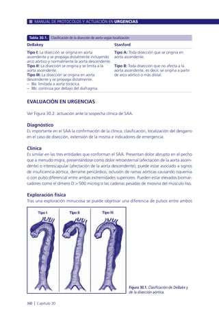 EVALUACIÓN EN URGENCIAS
Ver Figura 30.2: actuación ante la sospecha clínica de SAA.
Diagnóstico
Es importante en el SAA la confirmación de la clínica, clasificación, localización del desgarro
en el caso de disección, extensión de la misma e indicadores de emergencia.
Clínica
Es similar en las tres entidades que conforman el SAA. Presentan dolor abrupto en el pecho
que a menudo migra, presentándose como dolor retroesternal (afectación de la aorta ascen-
dente) o interescapular (afectación de la aorta descendente); puede estar asociado a signos
de insuficiencia aórtica, derrame pericárdico, oclusión de ramas aórticas causando isquemia
o con pulso diferencial entre ambas extremidades superiores. Pueden estar elevados biomar-
cadores como el dímero D > 500 microg o las cadenas pesadas de miosina del músculo liso.
Exploración física
Tras una exploración minuciosa se puede objetivar una diferencia de pulsos entre ambos
MANUAL DE PROTOCOLOS Y ACTUACIÓN EN URGENCIAS
340 l Capítulo 30
DeBakey
Tipo I: La disección se origina en aorta
ascendente y se propaga distalmente incluyendo
arco aórtico y normalmente la aorta descendente.
Tipo II: La disección se origina y se limita a la
aorta ascendente.
Tipo III: La disección se origina en aorta
descendente y se propaga distalmente.
– IIIa: limitada a aorta torácica.
– IIIb: continúa por debajo del diafragma.
Stanford
Tipo A: Toda disección que se origina en
aorta ascendente.
Tipo B: Toda disección que no afecta a la
aorta ascendente, es decir, se origina a partir
de arco aórtico o más distal.
Tabla 30.1. Clasificación de la disección de aorta según localización
Figura 30.1. Clasificación de DeBake y
de la disección aórtica.
 