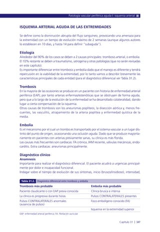 ISQUEMIA ARTERIAL AGUDA DE LAS EXTREMIDADES
Se define como la disminución abrupta del flujo sanguíneo, provocando una amenaza para
la extremidad con un tiempo de evolución máximo de 2 semanas (aunque algunos autores
lo establecen en 10 días, y hasta 14 para definir “subaguda”).
Etiología
Alrededor del 90% de los casos se deben a 2 causas principales: trombosis arterial, o embolia.
El 10% restante se deben a traumatismo, iatrogenia y otras patologías (que no serán revisadas
en este capítulo).
Es importante diferenciar entre trombosis y embolia dado que el manejo es diferente y tendrá
repercusión en la viabilidad de la extremidad, por lo tanto vamos a describir brevemente las
características principales de cada entidad (para el diagnóstico diferencial ver Tabla 31.2).
Trombosis
En la mayoría de las ocasiones se produce en un paciente con historia de enfermedad arterial
periférica (EAP); por tanto arterias enfermas/estenóticas que se obstruyen de forma aguda,
pero que a lo largo de la evolución de la enfermedad se ha desarrollado colateralidad, dando
lugar a cierta compensación de la isquemia.
Otras causas de trombosis son los aneurismas poplíteos, la disección aórtica y, menos fre-
cuentes, las vasculitis, atrapamiento de la arteria poplítea y enfermedad quística de la
media.
Embolia
Es el mecanismo por el cual un trombo es transportado por el sistema vascular a un lugar dis-
tinto del punto de origen, ocasionando una oclusión aguda. Dado que se produce mayorita-
riamente en pacientes con arterias previamente sanas, su clínica es más florida.
Las causas más frecuentes son cardiacas: FA crónica, IAM reciente, válvulas mecánicas, endo-
carditis. Extra cardiacas: aneurismas principalmente.
Diagnóstico clínico
Anamnesis
Importante para realizar el diagnóstico diferencial. El paciente acudirá a urgencias principal-
mente por dolor e incapacidad funcional.
Indagar sobre el tiempo de evolución de sus síntomas, inicio (brusco/insidioso), intensidad,
Patología vascular periférica aguda I: isquemia arterial
Capítulo 31 l 347
Trombosis más probable Embolia más probable
Paciente claudicante o con EAP previa conocida Clínica brusca e intensa
La clínica es progresiva durante horas Pulsos CONTRALATERALES presentes
Pulsos CONTRALATERALES anormales Foco embolígeno conocido (FA)
(ausencia de pulsos)
Isquemia en la extremidad superior
EAP: enfermedad arterial periférica; FA: fibrilación auricular.
Tabla 31.2. Diagnóstico diferencial entre trombosis y embolia
 