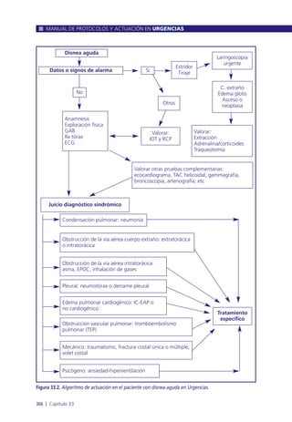 MANUAL DE PROTOCOLOS Y ACTUACIÓN EN URGENCIAS
366 l Capítulo 33
Figura 33.2. Algoritmo de actuación en el paciente con disnea aguda en Urgencias.
Valorar:
IOT y RCP
Tratamiento
específico
Juicio diagnóstico sindrómico
Valorar:
Extracción
Adrenalina/corticoides
Traqueotomía
Disnea aguda
Datos o signos de alarma
No
Anamnesis
Exploración física
GAB
Rx tórax
ECG
Valorar otras pruebas complementarias:
ecocardiograma, TAC helicoidal, gammagrafía,
broncoscopia, arteriografía, etc
Otros
Estridor
TirajeSí
C. extraño
Edema glotis
Asceso o
neoplasia
Laringoscopia
urgente
Psicógeno: ansiedad-hiperventilación
Mecánico: traumatismo, fractura costal única o múltiple,
volet costal
Obstrucción vascular pulmonar: tromboembolismo
pulmonar (TEP)
Edema pulmonar cardiogénico: IC-EAP o
no cardiogénico
Pleural: neumotórax o derrame pleural
Obstrucción de la vía aérea intratorácica:
asma, EPOC, inhalación de gases
Condensación pulmonar: neumonía
Obstrucción de la vía aérea cuerpo extraño: extratorácica
o intratorácica
 