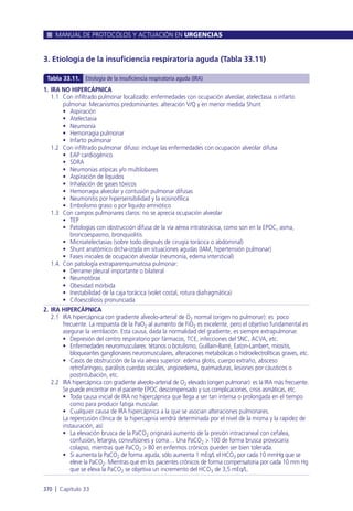 3. Etiología de la insuficiencia respiratoria aguda (Tabla 33.11)
MANUAL DE PROTOCOLOS Y ACTUACIÓN EN URGENCIAS
370 l Capítulo 33
1. IRA NO HIPERCÁPNICA
1.1 Con infiltrado pulmonar localizado: enfermedades con ocupación alveolar, atelectasia o infarto
pulmonar. Mecanismos predominantes: alteración V/Q y en menor medida Shunt
• Aspiración
• Atelectasia
• Neumonía
• Hemorragia pulmonar
• Infarto pulmonar
1.2 Con infiltrado pulmonar difuso: incluye las enfermedades con ocupación alveolar difusa
• EAP cardiogénico
• SDRA
• Neumonías atípicas y/o multilobares
• Aspiración de líquidos
• Inhalación de gases tóxicos
• Hemorragia alveolar y contusión pulmonar difusas
• Neumonitis por hipersensibilidad y la eosinofílica
• Embolismo graso o por líquido amniótico
1.3 Con campos pulmonares claros: no se aprecia ocupación alveolar
• TEP
• Patologías con obstrucción difusa de la vía aérea intratorácica, como son en la EPOC, asma,
broncoespasmo, bronquiolitis
• Microatelectasias (sobre todo después de cirugía torácica o abdominal)
• Shunt anatómico drcha-izqda en situaciones agudas (IAM, hipertensión pulmonar)
• Fases iniciales de ocupación alveolar (neumonía, edema intersticial)
1.4. Con patología extraparenquimatosa pulmonar:
• Derrame pleural importante o bilateral
• Neumotórax
• Obesidad mórbida
• Inestabilidad de la caja torácica (volet costal, rotura diafragmática)
• Cifoescoliosis pronunciada
2. IRA HIPERCÁPNICA
2.1 IRA hipercápnica con gradiente alveolo-arterial de O2 normal (origen no pulmonar): es poco
frecuente. La respuesta de la PaO2 al aumento de FiO2 es excelente, pero el objetivo fundamental es
asegurar la ventilación. Esta causa, dada la normalidad del gradiente, es siempre extrapulmonar.
• Depresión del centro respiratorio por fármacos, TCE, infecciones del SNC, ACVA, etc.
• Enfermedades neuromusculares: tétanos o botulismo, Guillain-Barré, Eaton-Lambert, miositis,
bloqueantes ganglionares neuromusculares, alteraciones metabólicas o hidroelectrolíticas graves, etc.
• Casos de obstrucción de la vía aérea superior: edema glotis, cuerpo extraño, absceso
retrofaríngeo, parálisis cuerdas vocales, angioedema, quemaduras, lesiones por cáusticos o
postintubación, etc.
2.2 IRA hipercápnica con gradiente alveolo-arterial de O2 elevado (origen pulmonar): es la IRA más frecuente.
Se puede encontrar en el paciente EPOC descompensado y sus complicaciones, crisis asmáticas, etc.
• Toda causa inicial de IRA no hipercápnica que llega a ser tan intensa o prolongada en el tiempo
como para producir fatiga muscular.
• Cualquier causa de IRA hipercápnica a la que se asocian alteraciones pulmonares.
La repercusión clínica de la hipercapnia vendrá determinada por el nivel de la misma y la rapidez de
instauración, así:
• La elevación brusca de la PaCO2 originará aumento de la presión intracraneal con cefalea,
confusión, letargia, convulsiones y coma… Una PaCO2 > 100 de forma brusca provocaría
colapso, mientras que PaCO2 > 80 en enfermos crónicos pueden ser bien tolerada.
• Si aumenta la PaCO2 de forma aguda, sólo aumenta 1 mEq/L el HCO3 por cada 10 mmHg que se
eleve la PaCO2. Mientras que en los pacientes crónicos de forma compensatoria por cada 10 mm Hg
que se eleva la PaCO2 se objetiva un incremento del HCO3 de 3,5 mEq/L.
Tabla 33.11. Etiología de la insuficiencia respiratoria aguda (IRA)
 