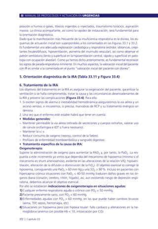 posición a humos o gases, tóxicos ingeridos o inyectados, traumatismo torácico, aspiración
masiva. La clínica acompañante, así como la rapidez de instauración, será fundamental para
la orientación diagnóstica.
Dado que la manifestación más frecuente de la insuficiencia respiratoria es la disnea, los es-
quemas de actuación inicial son superponibles a los comentados en las Figuras 33.1 y 33.2.
Es fundamental una adecuada exploración cardiológica y respiratoria (estridor, sibilancias, crepi-
tantes focales/difusos, hipoventilación, asimetría del murmullo vesicular), así como observar el
patrón ventilatorio (lento y superficial en la hipoventilación central, rápido y superficial en pato-
logía con ocupación alveolar). Como ya hemos dicho anteriormente, es fundamental reconocer
los signos de parada respiratoria inminente. En muchos aspectos, la valoración inicial del paciente
con IR es similar a la comentada en el punto “valoración inicial del paciente con disnea”.
5. Orientación diagnóstica de la IRA (Tabla 33.11 y Figura 33.4)
6. Tratamiento de la IRA
Los objetivos del tratamiento en la IRA es asegurar la oxigenación del paciente, garantizar la
ventilación si se halla comprometida, tratar la causa y las circunstancias desencadenantes de
la IRA y prevenir las complicaciones (Figura 33.4). Para ello:
1. Si existen signos de alarma o inestabilidad hemodinámica aseguraremos la vía aérea y un
acceso venoso, e iniciaremos, si precisa, maniobras de RCP y su tratamiento enérgico sin
demora.
2. Una vez que el enfermo esté estable habrá que tener en cuenta:
• Medidas generales:
– Mantener permeable la vía aérea (retirada de secreciones y cuerpos extraños, valorar uso
de cánula orofaríngea e IOT si fuera necesario).
– Mantener la v.i.v.
– Reducir consumo de oxígeno (reposo, control de la fiebre).
– Profilaxis de enfermedad tromboembólica y sangrado digestivo.
• Tratamiento específico de la causa de IRA:
Oxigenoterapia:
Supone la administración de oxígeno para aumentar la PAO2 y, por tanto, la PaO2. La res-
puesta a este incremento ya vimos que dependía del mecanismo de hipoxemia (mínima si el
mecanismo es shunt arteriovenoso, evidente en las alteraciones de la relación V/Q, hipoven-
tilación, alteración de la difusión o disminución de la FiO2). El objetivo esencial es corregir la
hipoxemia, consiguiendo una PaO2 > 60 mm Hg y una SO2 > 90 %. Incluso en pacientes con
hipercapnia crónica situaciones con PaO2 < 40-50 mmHg traducen daños graves en los ór-
ganos diana (corazón, cerebro, riñón, hígado), así, aun existiendo riesgo de depresión respi-
ratoria, debemos alcanzar el objetivo esencial.
Por ello se establecen indicaciones de oxigenoterapia en situaciones agudas:
1) Cualquier enfermo respiratorio agudo o crónico con PO2 < 50 mmHg.
2) Paciente previamente sano, con PO2 < 60 mmHg.
3) Enfermedades agudas con PO2 > 60 mmHg, en las que puede haber cambios bruscos
(asma, TEP, sepsis, hemorragia, etc).
4) Situaciones sin hipoxemia pero con hipoxia tisular: fallo cardiaco y alteraciones en la he-
moglobina (anemia con posible Hb < 10, intoxicación por CO).
MANUAL DE PROTOCOLOS Y ACTUACIÓN EN URGENCIAS
372 l Capítulo 33
 
