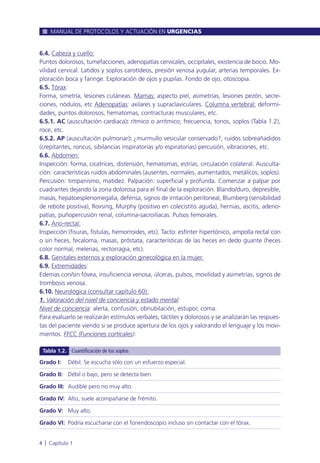 6.4. Cabeza y cuello:
Puntos dolorosos, tumefacciones, adenopatías cervicales, occipitales, existencia de bocio. Mo-
vilidad cervical. Latidos y soplos carotídeos, presión venosa yugular, arterias temporales. Ex-
ploración boca y faringe. Exploración de ojos y pupilas. Fondo de ojo, otoscopia.
6.5. Tórax:
Forma, simetría, lesiones cutáneas. Mamas: aspecto piel, asimetrías, lesiones pezón, secre-
ciones, nódulos, etc Adenopatías: axilares y supraclaviculares. Columna vertebral: deformi-
dades, puntos dolorosos, hematomas, contracturas musculares, etc.
6.5.1. AC (auscultación cardiaca): rítmico o arrítmico, frecuencia, tonos, soplos (Tabla 1.2),
roce, etc.
6.5.2. AP (auscultación pulmonar): ¿murmullo vesicular conservado?, ruidos sobreañadidos
(crepitantes, roncus, sibilancias inspiratorias y/o espiratorias) percusión, vibraciones, etc.
6.6. Abdomen:
Inspección: forma, cicatrices, distensión, hematomas, estrías, circulación colateral. Ausculta-
ción: características ruidos abdominales (ausentes, normales, aumentados, metálicos, soplos).
Percusión: timpanismo, matidez. Palpación: superficial y profunda. Comenzar a palpar por
cuadrantes dejando la zona dolorosa para el final de la exploración. Blando/duro, depresible,
masas, hepatoesplenomegalia, defensa, signos de irritación peritoneal, Blumberg (sensibilidad
de rebote positiva), Rovsing, Murphy (positivo en colecistitis aguda), hernias, ascitis, adeno-
patías, puñopercusión renal, columna-sacroilíacas. Pulsos femorales.
6.7. Ano-rectal:
Inspección (fisuras, fístulas, hemorroides, etc). Tacto: esfínter hipertónico, ampolla rectal con
o sin heces, fecaloma, masas, próstata, características de las heces en dedo guante (heces
color normal, melenas, rectorragia, etc).
6.8. Genitales externos y exploración ginecológica en la mujer.
6.9. Extremidades:
Edemas con/sin fóvea, insuficiencia venosa, úlceras, pulsos, movilidad y asimetrías, signos de
trombosis venosa.
6.10. Neurológica (consultar capítulo 60):
1. Valoración del nivel de conciencia y estado mental:
Nivel de conciencia: alerta, confusión, obnubilación, estupor, coma.
Para evaluarlo se realizarán estímulos verbales, táctiles y dolorosos y se analizarán las respues-
tas del paciente viendo si se produce apertura de los ojos y valorando el lenguaje y los movi-
mientos. FFCC (Funciones corticales):
MANUAL DE PROTOCOLOS Y ACTUACIÓN EN URGENCIAS
4 l Capítulo 1
Grado I: Débil. Se escucha sólo con un esfuerzo especial.
Grado II: Débil o bajo, pero se detecta bien.
Grado III: Audible pero no muy alto.
Grado IV: Alto, suele acompañarse de frémito.
Grado V: Muy alto.
Grado VI: Podría escucharse con el fonendoscopio incluso sin contactar con el tórax.
Tabla 1.2. Cuantificación de los soplos
 