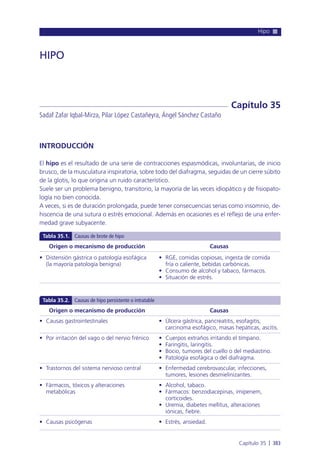 Hipo
Capítulo 35 l 383
INTRODUCCIÓN
El hipo es el resultado de una serie de contracciones espasmódicas, involuntarias, de inicio
brusco, de la musculatura inspiratoria, sobre todo del diafragma, seguidas de un cierre súbito
de la glotis, lo que origina un ruido característico.
Suele ser un problema benigno, transitorio, la mayoría de las veces idiopático y de fisiopato-
logía no bien conocida.
A veces, si es de duración prolongada, puede tener consecuencias serias como insomnio, de-
hiscencia de una sutura o estrés emocional. Además en ocasiones es el reflejo de una enfer-
medad grave subyacente.
HIPO
Sadaf Zafar Iqbal-Mirza, Pilar López Castañeyra, Ángel Sánchez Castaño
Capítulo 35
Origen o mecanismo de producción
• Distensión gástrica o patología esofágica
(la mayoría patología benigna)
Causas
• RGE, comidas copiosas, ingesta de comida
fría o caliente, bebidas carbónicas.
• Consumo de alcohol y tabaco, fármacos.
• Situación de estrés.
Tabla 35.1. Causas de brote de hipo
Origen o mecanismo de producción
• Causas gastrointestinales
• Por irritación del vago o del nervio frénico
• Trastornos del sistema nervioso central
• Fármacos, tóxicos y alteraciones
metabólicas
• Causas psicógenas
Causas
• Úlcera gástrica, pancreatitis, esofagitis,
carcinoma esofágico, masas hepáticas, ascitis.
• Cuerpos extraños irritando el tímpano.
• Faringitis, laringitis.
• Bocio, tumores del cuello o del mediastino.
• Patología esofágica o del diafragma.
• Enfermedad cerebrovascular, infecciones,
tumores, lesiones desmielinizantes.
• Alcohol, tabaco.
• Fármacos: benzodiacepinas, imipenem,
corticoides.
• Uremia, diabetes mellitus, alteraciones
iónicas, fiebre.
• Estrés, ansiedad.
Tabla 35.2. Causas de hipo persistente o intratable
 