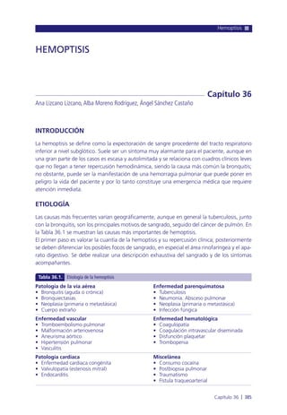 Hemoptisis
Capítulo 36 l 385
INTRODUCCIÓN
La hemoptisis se define como la expectoración de sangre procedente del tracto respiratorio
inferior a nivel subglótico. Suele ser un síntoma muy alarmante para el paciente, aunque en
una gran parte de los casos es escasa y autolimitada y se relaciona con cuadros clínicos leves
que no llegan a tener repercusión hemodinámica, siendo la causa más común la bronquitis;
no obstante, puede ser la manifestación de una hemorragia pulmonar que puede poner en
peligro la vida del paciente y por lo tanto constituye una emergencia médica que requiere
atención inmediata.
ETIOLOGÍA
Las causas más frecuentes varían geográficamente, aunque en general la tuberculosis, junto
con la bronquitis, son los principales motivos de sangrado, seguido del cáncer de pulmón. En
la Tabla 36.1 se muestran las causas más importantes de hemoptisis.
El primer paso es valorar la cuantía de la hemoptisis y su repercusión clínica; posteriormente
se deben diferenciar los posibles focos de sangrado, en especial el área rinofaríngea y el apa-
rato digestivo. Se debe realizar una descripción exhaustiva del sangrado y de los síntomas
acompañantes.
HEMOPTISIS
Ana Lizcano Lizcano,Alba Moreno Rodríguez, Ángel Sánchez Castaño
Capítulo 36
Patología de la vía aérea Enfermedad parenquimatosa
• Bronquitis (aguda o crónica) • Tuberculosis
• Bronquiectasias • Neumonía. Absceso pulmonar
• Neoplasia (primaria o metastásica) • Neoplasia (primaria o metastásica)
• Cuerpo extraño • Infección fúngica
Enfermedad vascular Enfermedad hematológica
• Tromboembolismo pulmonar • Coagulopatía
• Malformación arteriovenosa • Coagulación intravascular diseminada
• Aneurisma aórtico • Disfunción plaquetar
• Hipertensión pulmonar • Trombopenia
• Vasculitis
Patología cardiaca Miscelánea
• Enfermedad cardiaca congénita • Consumo cocaína
• Valvulopatía (estenosis mitral) • Postbiopsia pulmonar
• Endocarditis • Traumatismo
• Fístula traqueoarterial
Tabla 36.1. Etiología de la hemoptisis
 