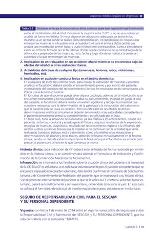 Historia clínica: cada indicación de CF deberá estar reflejada de forma razonada por el mé-
dico en la historia clínica, y se cumplimentará además el Formulario de Indicación y Confir-
mación de la Contención Mecánica de Movimientos.
Información: se informará a los familiares sobre la situación clínica del paciente y la necesidad
de la CF. Si la CF es voluntaria, o es solicitada voluntariamente por el paciente competente que se
encuentra ingresado con carácter voluntario, éste tendrá que firmar el Formulario de Solicitud Vo-
luntaria o de Consentimiento de Restricción del paciente, que se incorporará a su historia clínica.
Si el régimen de internamiento del paciente al que se le aplica la CF contra su voluntad fuera vo-
luntario, pasará automáticamente a ser involuntario, debiéndolo comunicar al juez. En este caso
se utilizará el formulario de solicitud de transformación de ingreso voluntario en involuntario.
SEGURO DE RESPONSABILIDAD CIVIL PARA EL SESCAM
Y SU PERSONAL DEPENDIENTE
Vigencia: con fecha 1 de enero de 2014 entró en vigor la nueva póliza de seguro que cubre
la Responsabilidad Civil y Patrimonial del SESCAM y SU PERSONAL DEPENDIENTE, que ha
sido contratada con la compañía “MAPFRE.
Aspectos médico-legales en Urgencias
Capítulo 5 l 49
evitar el metabolismo del alcohol. Conservar la muestra entre 1-3ºC si no se va a realizar el
análisis de forma inmediata. Si no se dispone de laboratorio adecuado, se enviarán las
muestras a un centro donde se realice dicha determinación, no debiéndose en ningún caso
entregar las muestras ni a la policía ni a la Guardia Civil para el envío a dicho centro que
analiza una muestra del primer tubo, y usará el otro como contraanálisis. Junto a ellos deberá
existir un informe firmado por el facultativo donde quede constancia de la metodología de la
obtención y preparado de las muestras, hora, fecha y lugar donde se realizó y la persona o
autoridad a la que se entregan las muestras.
2. Implicación de un trabajador en un accidente laboral mientras se encontraba bajo los
efectos del alcohol u otras sustancias tóxicas.
3. Actividades delictivas de cualquier tipo (amenazas, lesiones, robos, violaciones,
homicidios, etc).
4. Implicación en cualquier conducta lesiva en el ámbito doméstico:
En cualquiera de estos tres últimos casos, para realizar la extracción de muestras y posterior
analítica, el facultativo deberá solicitar el consentimiento previo y por escrito del paciente,
informándole del propósito del reconocimiento y de que los resultados serán comunicados a la
Policía o a la Autoridad Judicial.
En los casos de que el paciente pueda tener alguna patología, además de la intoxicación, o se
encuentre inconsciente y no sea posible recabar su consentimiento, estando en juego la vida
del paciente, el facultativo deberá realizar el examen oportuno y recoger las muestras que
considere necesarias para la determinación de la patología y la instauración del tratamiento
que el paciente precise para su curación. Pero en este caso los resultados de dichas
determinaciones analíticas únicamente deberán ser enviados a las autoridades competentes si
el paciente previamente presta su consentimiento o es solicitado por el Juez.
En todo caso, toda la actuación del facultativo, ya sea relativa a los antecedentes, estado del
paciente, síntomas, conducta y estado general (físico y psíquico) resultantes de la exploración,
recogida de muestras, diagnóstico, resultado del reconocimiento respecto a la influencia del
alcohol u otras sustancias tóxicas que le impidan o no continuar con la actividad que venía
realizando (conducir, trabajar, etc) y tratamiento, como a la relativa a las extracciones y
determinaciones de alcohol y otros tóxicos, deberán reflejarse minuciosamente en la historia
clínica, siendo un dato de extrema importancia la hora en la que el facultativo es avisado para
prestar la asistencia y la hora en la que comienza la misma.
Tabla 5.5. Situaciones en las que la intoxicación con dichas sustancias puede tener repercusión legal (continuación)
 