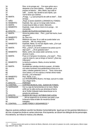 34.                       Dios, no te pongas así… Con esos gritos vas a
35.                       despertar a los otros diablos… Espérate, ya le
36.                       preparo el biberón… Mira, Marta, aquí está el
37.                       café… Juanito, hijo, lávate la cara rápido, que
38.                       mamá tiene que vestirse…
39. MARTA                 ¡Puagg…! ¿y qué porquería de café es éste?… Está
40.                       amargo…
41. NIÑO                  ¡Papá, la leche! (QUEDA LLORANDO AL FONDO)
42. MAMERTO               Espérate, hijo, que yo no tengo siete manos…
43. MARTA                 A esta blusa le falta un botón, Mamerto…
44. MAMERTO               Espérate, mujer, ahora mismo te lo pongo… Un
45.                       momentito…
46. EFECTO                RUIDO DE PLATOS CAYENDO EN 2P.
47. MARTA                 Ahora los platos rotos… Pero, ¿qué has hecho, buen
48.                       zángano?
49. MAMERTO               Ay, Dios mío…
50. MARTA                 Maldición de casa. Ni un café se puede beber una
51.                       tranquila… Me voy, tengo prisa…
52. MAMERTO               Espérate, Marta, no me has dejado nada. ¿Con qué
53.                       voy a hacer yo la comida?
54. MARTA                 Pero, ¿cómo? ¿Ya se te acabaron los pesos que te
55.                       dejé ayer?… ¿Ya te gastaste todo?
56. MAMERTO               Marta, cariño, las cosas están carísimas, no me
57.                       alcanza ni para…
58. MARTA                 Pues a mí tampoco me alcanza, ¿me oyes?… Pero,
59.                       ¿que te crees tú, que yo tengo un banco? ¿Que soy
60.                       millonaria?
61. MAMERTO               La leche la subieron, Marta, el arroz también,
62.                       las cebollas…
63. MARTA                 Guárdate las cebollas donde te quepan. ¡Al diablo
64.                       con estos hombres! Una partiéndose el lomo en la
65.                       calle y ustedes gastando como si… Toma, toma esos
66.                       cinco pesos y no me vuelvas a mentar dinero hasta
67.                       el lunes, ¿me entiendes?
68. MAMERTO               Pero, Marta, si yo…
69. MARTA                 (LO INTERRUMPE) Bueno, me largo, que por tu culpa
70.                       voy a llegar tarde…
71. EFECTO                PORTAZO
72. CONTROL               CORTINA MUSICAL AGIL. QUEDA DE FONDO.
73. NARRADOR              Con su caja de herramientas en la mano, Marta
74.                       enfiló por la calle ancha que atraviesa el barrio
75.                       de la Tortilla Volteada hasta desembocar en la
76.                       parada de autobuses…
77. EFECTO                RUIDOS DE CALLE. AUTOBUS QUE LLEGA.
78. NARRADOR              … Allí se enganchó en el primero que pasó y que
79.                       la llevaría hasta el taller de mecánica donde
80.                       trabajaba…
81. CONTROL               SUBE FONDO Y DESAPARECE.18


Algunos autores prefieren escribir los libretos horizontalmente. Igual que en los guiones televisivos o
de cine, el papel se divide en varias columnas. A la izquierda, se ubican los diálogos de los personajes.
A la derecha, se indica la música y los efectos.



18        Primera escena del cuento La historia de Marta y Mamerto, de la serie Un paisano me contó, José Ignacio y María López
Vigil, SECOP, Quito, 1983.
 