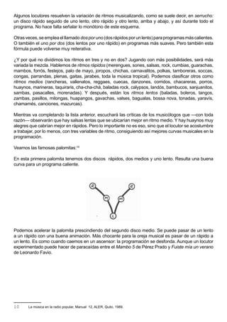 Algunos locutores resuelven la variación de ritmos musicalizando, como se suele decir, en serrucho:
un disco rápido seguido de uno lento, otro rápido y otro lento, arriba y abajo, y así durante todo el
programa. No hace falta señalar lo monótono de este esquema.

Otras veces, se emplea el llamado dos por uno (dos rápidos por un lento) para programas más calientes.
O también el uno por dos (dos lentos por uno rápido) en programas más suaves. Pero también esta
fórmula puede volverse muy reiterativa.

¿Y por qué no dividimos los ritmos en tres y no en dos? Jugando con más posibilidades, será más
variada la mezcla. Hablemos de ritmos rápidos (merengues, sones, salsas, rock, cumbias, guarachas,
mambos, forrós, festejos, palo de mayo, joropos, chichas, carnavalitos, polkas, tamboreras, soccas,
congas, parrandas, plenas, gaitas, jarabes, toda la música tropical). Podemos clasificar otros como
ritmos medios (rancheras, vallenatos, reggaes, cuecas, danzones, corridos, chacareras, porros,
huaynos, marineras, taquiraris, cha-cha-chá, baladas rock, calypsos, landós, bambucos, sanjuanitos,
sambas, pasacalles, morenadas). Y después, están los ritmos lentos (baladas, boleros, tangos,
zambas, pasillos, milongas, huapangos, gavachas, valses, bagualas, bossa nova, tonadas, yaravís,
chamamés, canciones, mazurcas).

Mientras va completando la lista anterior, escuchará las críticas de los musicólogos que —con toda
razón— observarán que hay salsas lentas que se ubicarían mejor en ritmo medio. Y hay huaynos muy
alegres que cabrían mejor en rápidos. Pero lo importante no es eso, sino que el locutor se acostumbre
a trabajar, por lo menos, con tres variables de ritmo, consiguiendo así mejores curvas musicales en la
programación.

Veamos las famosas palomitas:10

En esta primera palomita tenemos dos discos rápidos, dos medios y uno lento. Resulta una buena
curva para un programa caliente.




Podemos acelerar la palomita prescindiendo del segundo disco medio. Se puede pasar de un lento
a un rápido con una buena animación. Más chocante para la oreja musical es pasar de un rápido a
un lento. Es como cuando caemos en un ascensor: la programación se desfonda. Aunque un locutor
experimentado puede hacer de paracaídas entre el Mambo 5 de Pérez Prado y Fuiste mía un verano
de Leonardo Favio.




10     La música en la radio popular, Manual 12, ALER, Quito, 1989.
 