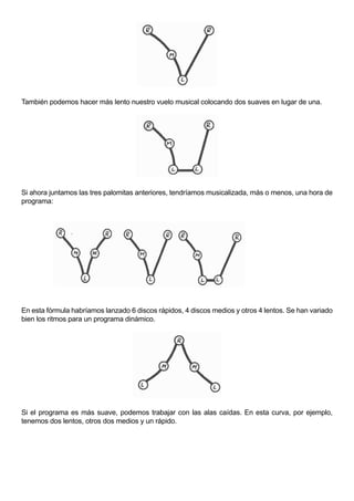 También podemos hacer más lento nuestro vuelo musical colocando dos suaves en lugar de una.




Si ahora juntamos las tres palomitas anteriores, tendríamos musicalizada, más o menos, una hora de
programa:




En esta fórmula habríamos lanzado 6 discos rápidos, 4 discos medios y otros 4 lentos. Se han variado
bien los ritmos para un programa dinámico.




Si el programa es más suave, podemos trabajar con las alas caídas. En esta curva, por ejemplo,
tenemos dos lentos, otros dos medios y un rápido.
 
