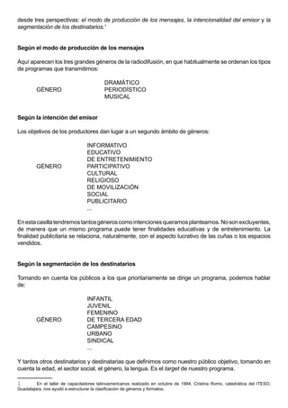 desde tres perspectivas: el modo de producción de los mensajes, la intencionalidad del emisor y la
segmentación de los destinatarios.1


Según el modo de producción de los mensajes

Aquí aparecen los tres grandes géneros de la radiodifusión, en que habitualmente se ordenan los tipos
de programas que transmitimos:

                                          DRAMÁTICO
         GÉNERO                           PERIODÍSTICO
                                          MUSICAL


Según la intención del emisor

Los objetivos de los productores dan lugar a un segundo ámbito de géneros:

                                 INFORMATIVO
                                 EDUCATIVO
                                 DE ENTRETENIMIENTO
         GÉNERO                  PARTICIPATIVO
                                 CULTURAL
                                 RELIGIOSO
                                 DE MOVILIZACIÓN
                                 SOCIAL
                                 PUBLICITARIO
                                 ...

En esta casilla tendremos tantos géneros como intenciones queramos plantearnos. No son excluyentes,
de manera que un mismo programa puede tener finalidades educativas y de entretenimiento. La
finalidad publicitaria se relaciona, naturalmente, con el aspecto lucrativo de las cuñas o los espacios
vendidos.


Según la segmentación de los destinatarios

Tomando en cuenta los públicos a los que prioritariamente se dirige un programa, podemos hablar
de:

                                 INFANTIL
                                 JUVENIL
                                 FEMENINO
         GÉNERO                  DE TERCERA EDAD
                                 CAMPESINO
                                 URBANO
                                 SINDICAL
                                 ...

Y tantos otros destinatarios y destinatarias que definimos como nuestro público objetivo, tomando en
cuenta la edad, el sector social, el género, la lengua. Es el target de nuestro programa.

1        En el taller de capacitadores latinoamericanos realizado en octubre de 1994, Cristina Romo, catedrática del ITESO,
Guadalajara, nos ayudó a estructurar la clasificación de géneros y formatos.
 