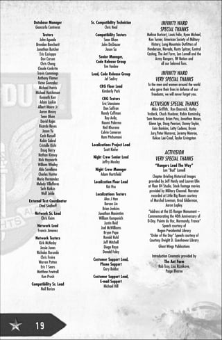 Database Manager         Sr. Compatibility Technician             INFINITY WARD
    Giancarlo Contreras             Chris Neal
                                                                     SPECIAL THANKS
           Testers             Compatibility Testers       Melissa Burkart, Louis Felix, Ryan Michael,
        John Aguado                 Sean Olson              Ken Turner, American Society of Military
    Brendan Bencharit             John DeShazer               History, Long Mountain Outfitters of
    Jonathan Butcher                 Jason Sa              Henderson, Nevada, Rusty Spitzer, Central
        Eric Cacioppo                                      Casting, The Ant Farm, Len Lomell and the
                                 Senior Manager,                 Army Rangers, IW Nation and
         Dov Carson
                               Code Release Group                     all our beloved fans.
         Chris Cheng
                                    Tim Vanlaw
      Claude Conkrite
     Travis Cummings        Lead, Code Release Group                INFINITY WARD
     Anthony Flamer                 Jef Sedivy                   VERY SPECIAL THANKS
      Victor Gonzalez                                      To the men and women around the world
       Michael Harris             CRG Floor Lead
                                   Kimberly Park             who gave their lives in defense of our
    Michael Hutchinson                                        freedoms, we will never forget you.
       Kenneth Kerr                 CRG Testers
        Adam Luskin
      Albert Moore Jr
                                    Eric Stanzione           ACTIVISION SPECIAL THANKS
                                     Dan Saffron              Mike Griffith, Ron Doornick, Kathy
        Aaron Mosny                Randy Coffman           Vrabeck, Chuck Huebner, Robin Kaminsky,
         Sean Olson                   Ray Avila,           Sam Nouriani, Brian Pass, Jonathan Moses,
         David Rojas               Naomi Palermo            Glenn Ige, Doug Pearson, Danny Taylor,
       Ricardo Reyes                Neil Khurana               Eain Bankins, Letty Cadena, Bryan
          Jason Yu                 Calvin Cameron            Jury,Peter Muravez, Jeremy Monroe,
        Cash Russell               Ram Pitchumani              Kekoa Lee-Creel, Taylor Livingston
        Kobie Cabral
       Cristalle Kishi      Localizations Project Lead
         Doug Berry                 Scott Kiefer
      Nathan Kinney
                                                                      ACTIVISION
                             Night Crew Senior Lead              VERY SPECIAL THANKS
      Nick Hayworth                Jeffry Moxley
      William Whaley                                              “Rangers Lead The Way”
       Aldo Sarellano          Night Crew Manager                       Len “Bud” Lomell
      Charles Hunter              Adam Hartsfield
                                                                Chapter Briefing Historical Images
     Mario Hernandez
                              Localization Floor Lead       provided by Jeff Hardy and Lauren Ulin
    Melody Villaflores
                                      Kai Hsu              at Floor 84 Studio. Stock footage movies
         Seth Rotkin
                                                             provided by Military Channel. Narrator
          Wolf Jehle           Localizations Testers           recorded at Little Big Room courtesy
                                      Alex J Han              of Marshal Lowman, Brad Gilderman,
External Test Coordinator
      Chad Siedhoff                   Berson Lin                          Aaron Lepley.
                                    Brian Jenkins
   Network Sr. Lead              Jonathon Manimtim          “Address at the US Ranger Monument –
      Chris Keim                 William Kempenich         Commemorating the 40th Anniversary of
                                      Justin Reid          D-Day. Pointe du Hoc, Normandy, France”
     Network Lead
                                   Joel McWilliams                     Speech courtesy of
     Francis Jimenez                                                Regan Presidential Library
                                     Bryan Papa
                                     Ronald Ruhl             “Order of the Day” Speech courtesy of
    Network Testers
                                     Jeff Mitchell           Courtesy Dwight D. Eisenhower Library
       Kirk McNesby
        Jessie Jones                 Diego Raya                      Ghost Wings Publications
     Nicholas Borunda               Donald Foley
        Chris Freire                                          Introduction Cinematic provided by
                             Customer Support Lead,
      Warren Patten                                                     The Ant Farm
                                 Phone Support
        Eric T Sears                                               Rob Troy, Lisa Riznikove,
                                   Gary Bolduc
     Matthew Fewtrell                                                    Paige Bharne
         Ken Prush           Customer Support Lead,
                                 E-mail Support
 Compatibility Sr. Lead            Michael Hill
      Neil Barizo




   19
 