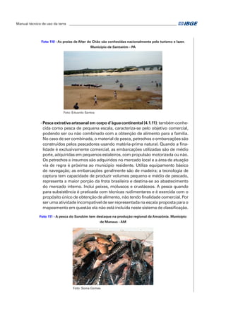 Manual técnico de uso da terra ________________________________________________________________ 
Foto 110 - As praias de Alter do Chão são conhecidas nacionalmente pelo turismo e lazer. 
Município de Santarém - PA 
Foto: Eduardo Santos 
- Pesca extrativa artesanal em corpo d’água continental (4.1.11): também conhe-cida 
como pesca de pequena escala, caracteriza-se pelo objetivo comercial, 
podendo ser ou não combinado com a obtenção de alimento para a família. 
No caso de ser combinada, o material de pesca, petrechos e embarcações são 
construídos pelos pescadores usando matéria-prima natural. Quando a fina-lidade 
é exclusivamente comercial, as embarcações utilizadas são de médio 
porte, adquiridas em pequenos estaleiros, com propulsão motorizada ou não. 
Os petrechos e insumos são adquiridos no mercado local e a área de atuação 
via de regra é próxima ao município residente. Utiliza equipamento básico 
de navegação; as embarcações geralmente são de madeira; a tecnologia de 
captura tem capacidade de produzir volumes pequeno e médio de pescado, 
representa a maior porção da frota brasileira e destina-se ao abastecimento 
do mercado interno. Inclui peixes, moluscos e crustáceos. A pesca quando 
para subsistência é praticada com técnicas rudimentares e é exercida com o 
propósito único de obtenção de alimento, não tendo finalidade comercial. Por 
ser uma atividade incompatível de ser representada na escala proposta para o 
mapeamento em questão ela não está incluída neste sistema de classificação. 
Foto 111 - A pesca do Surubim tem destaque na produção regional da Amazônia. Município 
de Manaus - AM 
Foto: Sonia Gomes 
 