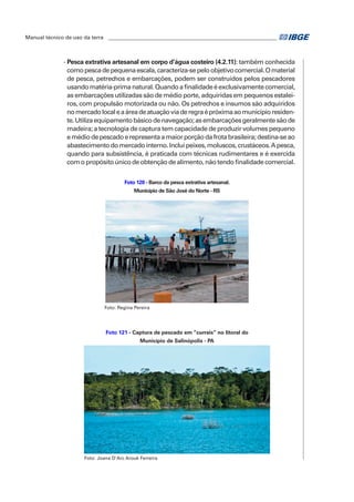 Manual técnico de uso da terra ________________________________________________________________ 
- Pesca extrativa artesanal em corpo d’água costeiro (4.2.11): também conhecida 
como pesca de pequena escala, caracteriza-se pelo objetivo comercial. O material 
de pesca, petrechos e embarcações, podem ser construídos pelos pescadores 
usando matéria-prima natural. Quando a finalidade é exclusivamente comercial, 
as embarcações utilizadas são de médio porte, adquiridas em pequenos estalei-ros, 
com propulsão motorizada ou não. Os petrechos e insumos são adquiridos 
no mercado local e a área de atuação via de regra é próxima ao município residen-te. 
Utiliza equipamento básico de navegação; as embarcações geralmente são de 
madeira; a tecnologia de captura tem capacidade de produzir volumes pequeno 
e médio de pescado e representa a maior porção da frota brasileira; destina-se ao 
abastecimento do mercado interno. Inclui peixes, moluscos, crustáceos. A pesca, 
quando para subsistência, é praticada com técnicas rudimentares e é exercida 
com o propósito único de obtenção de alimento, não tendo finalidade comercial. 
Foto 120 - Barco da pesca extrativa artesanal. 
Município de São José do Norte - RS 
Foto: Regina Pereira 
Foto 121 - Captura de pescado em “currais” no litoral do 
Município de Salinópolis - PA 
Foto: Joana D'Arc Arouk Ferreira 
 