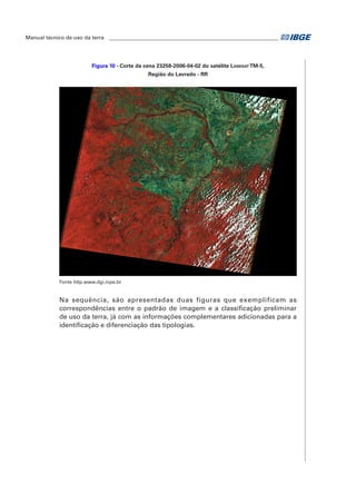 Manual técnico de uso da terra ________________________________________________________________ 
Figura 10 - Corte da cena 23258-2006-04-02 do satélite Landsat TM-5, 
Região do Lavrado - RR 
Fonte http.www.dgi.inpe.br 
Na sequência, são apresentadas duas figuras que exemplificam as 
correspondências entre o padrão de imagem e a classificação preliminar 
de uso da terra, já com as informações complementares adicionadas para a 
identificação e diferenciação das tipologias. 
 