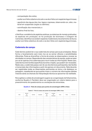 Manual técnico de uso da terra ________________________________________________________________ 
- compactação dos solos; 
- avaliar se é feita cobertura do solo e se ela é feita com espécies leguminosas; 
- aparência das águas dos rios, lagos e represas, observando cor, odor, ma-terial 
em suspensão (argila ou detritos); 
- eutrofização dos mananciais; e 
- destino final do lixo; 
c) Verificar a existência de espécies exóticas; os sistemas de manejo praticados; 
as espécies em produção; se há produção de biomassa e ciclagem de 
nutrientes; identificar se existem espécies madeiráveis; levantamento da fauna; 
avaliar se é feita cobertura do solo e se ela é feita com espécies leguminosas. 
Caderneta de campo 
Cada técnico poderá ter a sua caderneta de campo para suas anotações. Dessa 
forma o levantamento será mais rico ao se somar olhares e sensibilidades 
diferentes. Pode-se diversificar a forma de anotar as observações e revezar as 
atividades no campo. Dependendo das características da equipe, pode-se optar 
por se ter apenas uma caderneta para reunir todas as informações. Neste caso, 
cada técnico terá tarefas específicas durante o trajeto, que podem ser revezadas. 
Neste caso, a caderneta passa a ser de uso dos técnicos participantes. Isto facilita 
a transcrição das informações a partir de apenas um documento. Nela deverão 
ser registradas todas as observações pertinentes ao tema e de destaque na 
paisagem, ressaltando-se que quanto maior o número de informações obtidas 
maiores serão as chances da interpretação técnica se aproximar da realidade. 
Para agilizar a coleta de amostragem sugere-se a organização de fichamentos, 
conforme Quadro 2. Também deve ser organizado um roteiro básico para o 
preenchimento de questionários ou anotações de entrevistas. 
Quadro 2 - Ficha de campo para pontos de amostragem (GPS) e fotos 
Data 
Número 
do 
Ponto 
Quadro 2 - Ficha de campo para pontos de amostragem (GPS) e fotos 
Latitude Longitude 
Número 
da 
Foto 
Unidades 
da 
Federação 
Cena Folha Descrição 
 