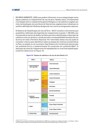 �Manual técnico de uso da terra 
DO MEIO AMBIENTE, 2005) que podem influenciar na sua categorização como 
águas costeiras no mapeamento do uso da terra. Nestes casos, é fundamental 
a correlação entre o mapeamento geomorfológico e o da cobertura vegetal, por 
meio da localização da ocorrência de fisionomias vegetacionais indicativas no 
auxilio à definição da influência da água do mar, como os manguezais e apicuns. 
O Sistema de Classificação de Uso da Terra - SCUT constitui a ferramenta que 
possibilita a definição das legendas do mapeamento à escala 1: 250 000 a ser 
incorporada ao banco de dados; também permite a identificação e descrição da 
cobertura e do uso da terra, e ainda permite a comparabilidade dos tipos de uso 
da terra em todo o Território Nacional. Por intermédio desse recurso pode-se 
consultar o banco para identificar todas as classes de mesmas características 
no País, no estado ou no município. Esse Sistema foi inicialmente estruturado 
em ambiente Access e posteriormente foi construído em ambiente Web20. A 
definição de cores do mapeamento foi estabelecida no nível II da classificação, 
conforme observa-se na Figura 16. 
Figura 16 - Classes da cobertura e do uso da terra Níveis I e II 
20 Disponível na Intranet da Diretoria de Geociências do IBGE para consulta por qualquer servidor, no endereço: <http:// 
w3.homologacao.ibge.gov.br/home/geociencias/recursosnaturais/usodaterra/app_indi/index.shtm> 
 