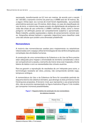 Manual técnico de uso da terra ________________________________________________________________ 
escaneado, transformando os 0,2 mm em metros, de acordo com a escala 
de 1:50 000, o tamanho mínimo do pixel (ou a UMM) será de 10 metros. Se, 
a seguir, linhas ([por. ex.] curvas de nível) forem digitalizadas, sua precisão 
planimétrica será pior que 10 metros. Além disso, no caso de classificação do 
uso da terra, a maioria dos mapas provém da digitalização de polígonos em 
volta das áreas de uso uniforme; a UMM é definida, então, como o menor 
polígono: tal definição parece ser completamente subjetiva e aproximada. 
Neste trabalho, grades superpostas a dados de sensoriamento remoto (por 
ex. fotografias aéreas) balizam o operador [algoritmo] para classificar cada 
uma das células que contém uma dimensão predefinida. 
Nomenclatura 
A maioria das nomenclaturas usadas para mapeamento ou estatísticas 
relacionadas com o espaço utiliza terminologias de Uso da Terra dirigidas para 
compilação das atividades humanas. 
A construção de uma nomenclatura da Cobertura e do Uso da Terra precisa 
estar adequada para mapear a diversidade do território considerado e deve 
ser compatível com a escala, o tamanho da menor área a ser mapeada, a fonte 
básica de dados e com as necessidades dos virtuais usuários. 
Para se garantir a reprodução de resultados de um intérprete para outro, a 
terminologia necessita ser clara, precisa, não comportando sentido vago, 
tampouco ambíguo. 
A nomenclatura do Uso e da Cobertura da Terra foi concebida partindo do 
esquema teórico da cobertura terrestre, que abrange os dois primeiros níveis 
hierárquicos propostos. O terceiro nível, que representa o uso propriamente 
dito, não se encontra representado na figura ilustrativa (Figura 1) do modelo 
por comportar inúmeras possibilidades. 
Figura 1 - Esquema teórico de construção de uma nomenclatura 
da cobertura terrestre 
Áreas 
Antrópicas 
Áreas 
Naturais 
Planeta Terra 
Outras 
Áreas 
Florestal 
Água 
Água 
Continental 
Água 
Costeira 
Não 
Agrícolas Agrícolas 
Campestre 
Terra 
Áreas 
Descobertas 
Adaptado de Heymann (1994, p. 17 da tradução). 
 