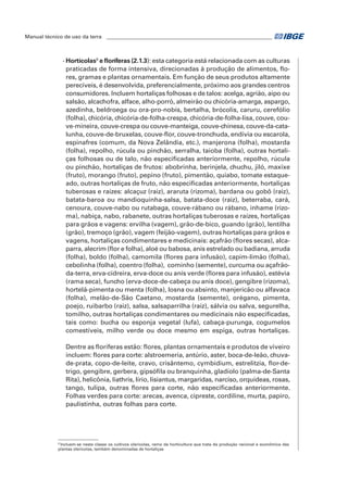 Manual técnico de uso da terra ________________________________________________________________ 
- Hortícolas9 e floríferas (2.1.3): esta categoria está relacionada com as culturas 
praticadas de forma intensiva, direcionadas à produção de alimentos, flo-res, 
gramas e plantas ornamentais. Em função de seus produtos altamente 
perecíveis, é desenvolvida, preferencialmente, próximo aos grandes centros 
consumidores. Incluem hortaliças folhosas e de talos: acelga, agrião, aipo ou 
salsão, alcachofra, alface, alho-porró, almeirão ou chicória-amarga, aspargo, 
azedinha, beldroega ou ora-pro-nobis, bertalha, brócolis, caruru, cerefólio 
(folha), chicória, chicória-de-folha-crespa, chicória-de-folha-lisa, couve, cou-ve- 
mineira, couve-crespa ou couve-manteiga, couve-chinesa, couve-da-cata-lunha, 
couve-de-bruxelas, couve-flor, couve-tronchuda, endívia ou escarola, 
espinafres (comum, da Nova Zelândia, etc.), manjerona (folha), mostarda 
(folha), repolho, rúcula ou pinchão, serralha, taioba (folha), outras hortali-ças 
folhosas ou de talo, não especificadas anteriormente, repolho, rúcula 
ou pinchão, hortaliças de frutos: abobrinha, berinjela, chuchu, jiló, maxixe 
(fruto), morango (fruto), pepino (fruto), pimentão, quiabo, tomate estaque-ado, 
outras hortaliças de fruto, não especificadas anteriormente, hortaliças 
tuberosas e raízes: alcaçuz (raiz), araruta (rizoma), bardana ou gobô (raiz), 
batata-baroa ou mandioquinha-salsa, batata-doce (raiz), beterraba, cará, 
cenoura, couve-nabo ou rutabaga, couve-rábano ou rábano, inhame (rizo-ma), 
nabiça, nabo, rabanete, outras hortaliças tuberosas e raízes, hortaliças 
para grãos e vagens: ervilha (vagem), grão-de-bico, guando (grão), lentilha 
(grão), tremoço (grão), vagem (feijão-vagem), outras hortaliças para grãos e 
vagens, hortaliças condimentares e medicinais: açafrão (flores secas), alca-parra, 
alecrim (flor e folha), aloé ou babosa, anis estrelado ou badiana, arruda 
(folha), boldo (folha), camomila (flores para infusão), capim-limão (folha), 
cebolinha (folha), coentro (folha), cominho (semente), curcuma ou açafrão-da- 
terra, erva-cidreira, erva-doce ou anis verde (flores para infusão), estévia 
(rama seca), funcho (erva-doce-de-cabeça ou anis doce), gengibre (rizoma), 
hortelã-pimenta ou menta (folha), losna ou absinto, manjericão ou alfavaca 
(folha), melão-de-São Caetano, mostarda (semente), orégano, pimenta, 
poejo, ruibarbo (raiz), salsa, salsaparrilha (raiz), sálvia ou salva, segurelha, 
tomilho, outras hortaliças condimentares ou medicinais não especificadas, 
tais como: bucha ou esponja vegetal (lufa), cabaça-purunga, cogumelos 
comestíveis, milho verde ou doce mesmo em espiga, outras hortaliças. 
Dentre as floríferas estão: flores, plantas ornamentais e produtos de viveiro 
incluem: flores para corte: alstroemeria, antúrio, aster, boca-de-leão, chuva-de- 
prata, copo-de-leite, cravo, crisântemo, cymbidium, estrelitzia, flor-de-trigo, 
gengibre, gerbera, gipsófila ou branquinha, gladíolo (palma-de-Santa 
Rita), helicônia, liathris, lírio, lisiantus, margaridas, narciso, orquídeas, rosas, 
tango, tulipa, outras flores para corte, não especificadas anteriormente. 
Folhas verdes para corte: arecas, avenca, cipreste, cordiline, murta, papiro, 
paulistinha, outras folhas para corte. 
9 Incluem-se nesta classe os cultivos olerícolas, ramo da horticultura que trata da produção racional e econômica das 
plantas olerícolas, também denominadas de hortaliças 
 