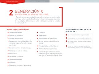 NUEVA REALIDAD PRÁCTICAS EN EL TRABAJO NUEVO PARADIGMA LA ESTRATEGIA COMUNICACIONAL
GENERACIÓN X
(nacidos entre los años de 1960 -1980):
Tambiénsoninmigrantesdigitales,perotienenunacercamientomucho
mayor que la Generación Baby Boomers. Vivieron el auge del desarrollo
de Internet y han debido incorporar las habilidades necesarias para dar
un buen uso de él.
2
Algunos rasgos y puntos de vista:
•	Son autosuficientes.
•	Quieren un equilibrio.
•	Piensan globalmente.
•	Les gusta la informalidad. Las rela-
ciones jerárquicas formales se van
perdiendo.
•	Son conocedores de la tecnología.
•	El trabajo es sólo un trabajo.
•	Pragmáticos.
•	Se adaptan a cambios.
•	Son independientes.
•	Creativos.
•	Dispuestos a ir contra la corriente.
•	Escéptico.
•	Impacientes.
•	Desconfiados de la autoridad
•	No muy adeptos a las políticas de
oficina.
•	Menos atraídos por los líderes.
•	Habilidades técnicas fuertes.
•	A pesar de que son individualistas,
también le gusta el trabajo en equipo,
más que los Boomers (Tolbize, 2008).
PARA CONSEGUIR LO MEJOR DE LA
GENERACIÓN X:
››Valorar sus competencias y creatividad.
››Proveerles su rol dentro de la organización.
››Dar cierto control sobre su tiempo cuando
sea posible.
››Animarlos y permitirles que manejen su
propio tiempo y espacio para el aprendizaje.
 
