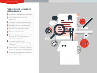 NUEVA REALIDAD PRÁCTICAS EN EL TRABAJO NUEVO PARADIGMA LA ESTRATEGIA COMUNICACIONAL
PARA CONSEGUIR LO MEJOR DE
LOS MILLENNIALS:
››Aprovechar su experiencia en la tecnología.
››Crear un plan para su futuro en la
organización.
››Ser flexibles con ellos cuando sea posible.
››Otorgar libertad para tomar decisiones.
››Necesitan comunicación más directa.
››Necesitan menos burocracia.
››Necesitan de supervisión, ya que les cuesta
encajar en las estructuras de gestión
empresarial tradicionales.
››Ellos necesitan y quieren una
retroalimentación constante, específica y
constructiva.
››Prefieren trabajar por objetivos específicos,
más que por descripción del puesto laboral.
››Valoran las oportunidades de aprendizaje y
crecimiento profesional.
 
