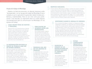 NUEVA REALIDAD PRÁCTICAS EN EL TRABAJO NUEVO PARADIGMA LA ESTRATEGIA COMUNICACIONAL
Grupos de trabajo en WhatsApp
Debido a la falta de protocolos, en algunas empresas están
“desesperados” con los grupos de trabajo de WhatsApp. El poco
cuidado al usar la aplicación ha generado indeterminados pro-
blemas y malentendidos. Para no ser visto como poco profe-
sional o mal educado, es importante tener en cuenta algunas
recomendaciones para la comunicación vía WhatsApp con los
equipos de trabajo.
CADA GRUPO TIENE UN MOTIVO
Y FINALIDAD.
Algunas veces, las conversaciones se desvían
de tema, y las notificaciones no son más que
memes, chistes y emoticones. Es válido que
todos quieran hacer un aporte y sentirse
útiles en la conversación, sin embargo, es
importante no olvidar que el grupo es con fines
laborales. Se debe ser prudente y coherente,
además de entender qué temas son oportunos
para discutir por esta plataforma.
LA INFORMACIÓN ENVIADA AL
GRUPO DE TRABAJO DEBE SER
DE INTERÉS GENERAL.
Antes de comenzar una conversación es
esencial saber si es de interés para todos
los integrantes, o para alguien específico
(Bustamante, 2015). Si es el segundo
caso, es mejor escribir en privado al
involucrado. Por otra parte, algunas veces
las conversaciones se vuelven más intensas
con ciertas personas, esto puede ser una
molestia para los demás, por lo que se debe
ser cuidadoso.
DEBE EXISTIR UN
ACUERDO ENTRE LOS
INTEGRANTES.
No se puede obligar a alguien
que participe en el grupo. En
caso de que sea estrictamente
necesario, y esté incluido en las
políticas de empresa como medio
de comunicación, es importante
que la persona esté de acuerdo y
no se pase a llevar la intimidad de
los trabajadores.
PRESENCIA DEL JEFE
EN LOS GRUPOS DE
TRABAJO.
Es dependiente de la cultura de
la organización. Estará en los
que deba estar, y en los que sea
necesario, sin embargo, el tono
y contenido dependerá de la
confianza del equipo de trabajo y
clima de la empresa.
RESPETAR HORARIOS.
El hecho de tener WhatsApp no obliga a contestar de manera inmediata,
y menos fuera de los horarios de trabajo. Es importante respetar los
espacios y tiempos de los demás. Si bien es una tecnología que facilita
la comunicación en todo momento y lugar, no se deben comprometer las
horas de descanso y desvinculación del trabajo. Si es un tema urgente,
se puede llamar. Algunos expertos recomiendan como políticas de uso,
convenir límites de tiempo y espacio para responder.
RESPONDER CUANDO EL MENSAJE ES DIRIGIDO.
Si en un grupo de trabajo se requiere la respuesta de algún
integrante en específico, es importante que la persona aludida
lo haga. No necesariamente significa que la persona conteste
inmediatamente, y menos aún si está fuera del horario de
trabajo, sin embargo es recomendable que existan acuerdos,
ya sean implícitos o explícitos, del tiempo de respuesta
estimado. Muchas veces excusarse de no ver el correo o
no escuchar la llamada es más válido que decir “no vi el
mensaje”, debido a que la aplicación tiene un reconocimiento
del horario de conexión y de lectura del mensaje.
SILENCIAR EL
SONIDO DE LAS
NOTIFICACIONES DE
GRUPOS DURANTE
LA JORNADA
LABORAL.
Que el teléfono suene
constantemente sobre
la mesa, puede ser
incómodo para los demás
compañeros de trabajo.
Cuando los grupos no están
relacionados al trabajo, es
mejor silenciarlos.
EVITAR
COMENTARIOS
NEGATIVOS O
ACUSACIONES.
Por lo general las personas
mediante WhatsApp dicen
cosas que no dirían en una
discusión cara a cara, ya que
no hay un filtro social. Un
comentario puede estallar en
un conflicto sustancial, y todo
debido a un mensaje enviado
por el canal inadecuado en
relación a la magnitud de la
conversación.
1 3
5
6
7
8
4
2
 