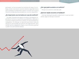 NUEVA REALIDAD PRÁCTICAS EN EL TRABAJO NUEVO PARADIGMA LA ESTRATEGIA COMUNICACIONAL
personales, son las principales herramientas de trabajo. Sin em-
bargo, existen otras áreas o sectores donde la seguridad interna
de la compañía es fundamental y clave en su misión, por lo que la
filtración y la falta de protocolo podría ser un error catastrófico.
¿Es importante una normativa en caso de conflicto?
Sin duda, la existencia de alguna normativa o estrategia es im-
portante al momento en que brota una problemática, dado que si
no existe la empresa entraría en conflicto con la privacidad de los
trabajadores. Sin embargo, es importante que existan niveles de
tolerancia y permisividad, por parte de las organizaciones, pero
también que los trabajadores tengan un uso consciente y puntual
cuando no es estrictamente laboral.
¿Por qué podría estallar un conflicto?
Porque no se utilizó el canal adecuado.
¿Qué tan rápido necesito un feedback?
Este tipo de pregunta ayudará a determinar el canal que debo
utilizar, según el mensaje a transmitir.
 