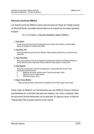 Pontificia Universidad Católica de Chile
Escuela de Ingeniería - Centro de Minería

SIMULA v2.0

Estructura Archivos SIMULA:
Los distintos archivos SIMULA vienen estructurados por Hojas de Trabajo propias
de Microsoft Excel, que están estructuradas en la mayoría de los casos siguiendo
la lógica:

1. Hoja About
Puede encontrar descripción del programa que incluye marco teórico, entrada datos,
ejecución programa y sugerencias útiles.
2. Hoja Data_File
Esta hoja realiza el grueso de los cálculos, debe ingresar parámetros y condiciones de
operación.
3. Hoja Flowsheet
Esta hoja muestra en forma de Diagrama Configuración Sistema de Molienda Directo y
extrae datos de otras hojas para indicar cuales son las cargas en cada punto.
4. Hoja Reports
Esta hoja corresponde a Informe de Operación componentes del circuito. Entre
resultados puede encontrar:
•
Balances de masa, distribuciones Tamaño partículas, Otros
•
Eficiencia de los clasificadores
•
Eficiencia molino, otros.
5. Hojas Varias Modelo
Hojas con las distintas matrices de la modelación del circuito según sea el caso.

Varias hojas de Balance con Herramientas que usa SIMULA incluyen informes
pre-diseñados en un formato listo para ser impreso y ser unido a cualquier clase
de documento formal relacionada con la actividad. En algunos casos, la Hoja de
Trabajo Data_File se puede imprimir como informe.

Manual Usuario

21/25

 