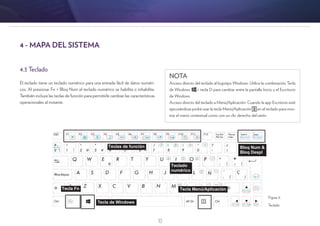10
4.3 Teclado
El teclado tiene un teclado numérico para una entrada fácil de datos numéri-
cos. Al presionar Fn + Bloq Num el teclado numérico se habilita o inhabilita.
También incluye las teclas de función para permitirle cambiar las características
operacionales al instante.
4 - MAPA DEL SISTEMA
NOTA
Acceso directo del teclado al logotipo Windows: Utilice la combinación Tecla
de Windows + tecla D para cambiar entre la pantalla Inicio y el Escritorio
de Windows.
Acceso directo del teclado a Menú/Aplicación: Cuando la app Escritorio esté
ejecutándose podrá usar la tecla Menú/Aplicación en el teclado para mos-
trar el menú contextual como con un clic derecho del ratón.
Figura 3:
Teclado
 