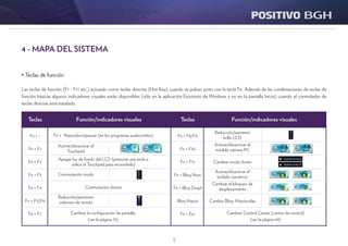 11
• Teclas de función
Las teclas de función (F1 - F11 etc.) actuarán como teclas directas (Hot-Key) cuando se pulsan junto con la tecla Fn. Además de las combinaciones de teclas de
función básicas algunos indicadores visuales están disponibles (sólo en la aplicación Escritorio de Windows y no en la pantalla Inicio) cuando el controlador de
teclas directas está instalado.
4 - MAPA DEL SISTEMA
Teclas TeclasFunción/indicadores visuales Función/indicadores visuales
Fn + ~
Fn + F1
Fn + F2
Fn + F3
Fn + F4
Fn + F5/F6
Fn + F7
Fn + F8/F9
Fn + F10
Fn + F11
Fn + Bloq Num
Fn + Bloq Despl
Bloq Mayús
Fn + Esc
Fn + ~Reproducir/pausar (en los programas audio/vídeo)
Apagar luz de fondo del LCD (presione una tecla o
utilice el Touchpad para encenderlo)
Conmutación dormir
Activar/desactivar el
Touchpad
Reducción/aumento
brillo LCD
Activar/desactivar el
módulo cámara PC
Activar/disactivar el
teclado numérico
Cambiar el bloqueo de
desplazamiento
Cambio Bloq. Mayúsculas
Cambiar modo Avión
Conmutación mudo
Reducción/aumento
volumen de sonido
Cambiar la configuración de pantalla
(ver la página 75)
Cambiar Control Center (centro de control)
(ver la página 69)
 