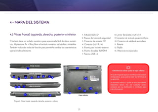 14
4.5 Vistas frontal, izquierda, derecha, posterior e inferior
El teclado tiene un teclado numérico para una entrada fácil de datos numéri-
cos. Al presionar Fn + Bloq Num el teclado numérico se habilita o inhabilita.
También incluye las teclas de función para permitirle cambiar las características
operacionales al instante.
1. Indicadores LED
2. Ranura del cierre de seguridad
3. Conector de entrada DC
4. Conector LAN RJ-45
5. Puerto para monitor externo
6. Puerto de salida de HDMI
7. Puertos USB 2.0
8. Lector de tarjetas multi-en-1
9. Conector de entrada para micrófono
10. Conector de salida de auriculares
11. Batería
12. Rejilla
13. Altavoces incorporados
4 - MAPA DEL SISTEMA
Figura 5: Vistas frontal, izquierda, derecha, posterior e inferior
 