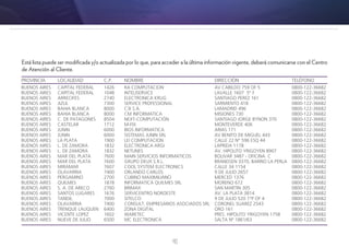 40
Está lista puede ser modificada y/o actualizada por lo que, para acceder a la última información vigente, deberá comunicarse con el Centro
de Atención al Cliente.
PROVINCIA
BUENOS AIRES
BUENOS AIRES
BUENOS AIRES
BUENOS AIRES
BUENOS AIRES
BUENOS AIRES
BUENOS AIRES
BUENOS AIRES
BUENOS AIRES
BUENOS AIRES
BUENOS AIRES
BUENOS AIRES
BUENOS AIRES
BUENOS AIRES
BUENOS AIRES
BUENOS AIRES
BUENOS AIRES
BUENOS AIRES
BUENOS AIRES
BUENOS AIRES
BUENOS AIRES
BUENOS AIRES
BUENOS AIRES
BUENOS AIRES
BUENOS AIRES
BUENOS AIRES
LOCALIDAD
CAPITAL FEDERAL
CAPITAL FEDERAL
ARRECIFES
AZUL
BAHIA BLANCA
BAHIA BLANCA
C. DE PATAGONES
CASTELAR
JUNIN
JUNIN
LA PLATA
L. DE ZAMORA
L. DE ZAMORA
MAR DEL PLATA
MAR DEL PLATA
MIRAMAR
OLAVARRIA
PERGAMINO
QUILMES
S. A. DE ARECO
SANTOS LUGARES
TANDIL
OLAVARRIA
TRENQUE LAUQUEN
VICENTE LOPEZ
NUEVE DE JULIO
DIRECCIÓN
AV CABILDO 759 OF 5
LAVALLE 1607  5° F
SANTIAGO PEREZ 161
SARMIENTO 418
LAMADRID 496
MISIONES 730
SANTIAGO JORGE BYNON 370
MONTEVERDE 406
ARIAS 171
AV BENITO DE MIGUEL 443
CALLE 22 N° 596 ESQ 44
LAPRIDA 1178
AV. HIPOLITO YRIGOYEN 8907
BOLIVAR 3487 - OFICINA C
BRANDSEN 3370, BARRIO LA PERLA
CALLE 34 1154
9 DE JULIO 2657
MERCED 1376
MORENO 672
SAN MARTIN 305
AV. LA PLATA 3814
9 DE JULIO 520 1°P OF 4
CORONEL SUAREZ 2543
ORO 161
PRES. HIPOLITO YRIGOYEN 1758
SALTA Nº 1861/63
NOMBRE
RA COMPUTACION
INTELISERVICE
ELECTRONICA KRUG
SERVICE PROFESSIONAL
C3I S.A.
CM INFORMATICA
NEXT-COMPUTACIÓN
M-FIX
BIOS INFORMATICA
SISTEMAS JUNIN SRL
LEI COMPUTACION
ELECTRONICA ARGI
NETLINES
MAIN SERVICIOS INFORMATICOS
GRUPO DEUX S.R.L.
COOL SYSTEM ELECTRONICS
ORLANDO CARLOS
CUBINO MAXIMILIANO
INFORMATICA QUILMES SRL
BRIMAX
SERVICENTRO NOROESTE
SITELCO
CONSULT. EMPRESARIOS ASOCIADOS SRL
ZONA DIGITAL
WARETEC
MC ELECTRONICA
TELÉFONO
0800-122-36682
0800-122-36682
0800-122-36682
0800-122-36682
0800-122-36682
0800-122-36682
0800-122-36682
0800-122-36682
0800-122-36682
0800-122-36682
0800-122-36682
0800-122-36682
0800-122-36682
0800-122-36682
0800-122-36682
0800-122-36682
0800-122-36682
0800-122-36682
0800-122-36682
0800-122-36682
0800-122-36682
0800-122-36682
0800-122-36682
0800-122-36682
0800-122-36682
0800-122-36682
C.P.
1426
1048
2740
7300
8000
8000
8504
1712
6000
6000
1900
1832
1832
7600
7600
7607
7400
2700
1878
2760
1676
7000
7400
6400
1602
6500
 