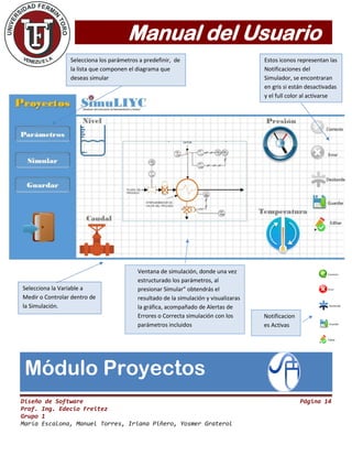 Manual del Usuario
Diseño de Software Página 14
Prof. Ing. Edecio Freitez
Grupo 1
María Escalona, Manuel Torres, Iriana Piñero, Yosmer Graterol
Estos iconos representan las
Notificaciones del
Simulador, se encontraran
en gris si están desactivadas
y el full color al activarse
Selecciona los parámetros a predefinir, de
la lista que componen el diagrama que
deseas simular
Selecciona la Variable a
Medir o Controlar dentro de
la Simulación.
Ventana de simulación, donde una vez
estructurado los parámetros, al
presionar Simular” obtendrás el
resultado de la simulación y visualizaras
la gráfica, acompañado de Alertas de
Errores o Correcta simulación con los
parámetros incluidos
Módulo Proyectos
Notificacion
es Activas
 