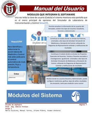 Manual del Usuario
Diseño de Software Página 7
Prof. Ing. Edecio Freitez
Grupo 1
María Escalona, Manuel Torres, Iriana Piñero, Yosmer Graterol
MODULOS QUE INTEGRAN EL SOFTAWARE
Una vez leída la clave de usuario (Cedula) el sistema mostrara esta pantalla que
es el menú principal de opciones del Simulador de Laboratorio de
Instrumentación y Control SimuLIYC.
Módulos del Sistema
Permite actualizar la información de los usuarios del
Simulador, existen tres tipos de Usuarios: Estudiante,
Docentes y Administrador
Constituye el modulo donde se simulan las Prácticas,
orientados a dos tipos de Actividad: Simulación de
Mediciones y Simulación de Control, utilizando los
Diagramas de Representación estándar y notificaciones de
resultados
Constituye el modulo donde se simulan los Proyectos
Especiales de Docentes, Tesistas y Pasantes asociados a
investigaciones. Igualmente orientados a dos tipos de
Actividad: Simulación de Mediciones y Simulación de
Control, utilizando los Diagramas de Representación
estándar y notificaciones de resultados
Modulo donde los usuarios Docente y Administrador, puede
configurar mediciones, graficas, tipos de señal y resultados
de simulación, tanto para medición como control
 