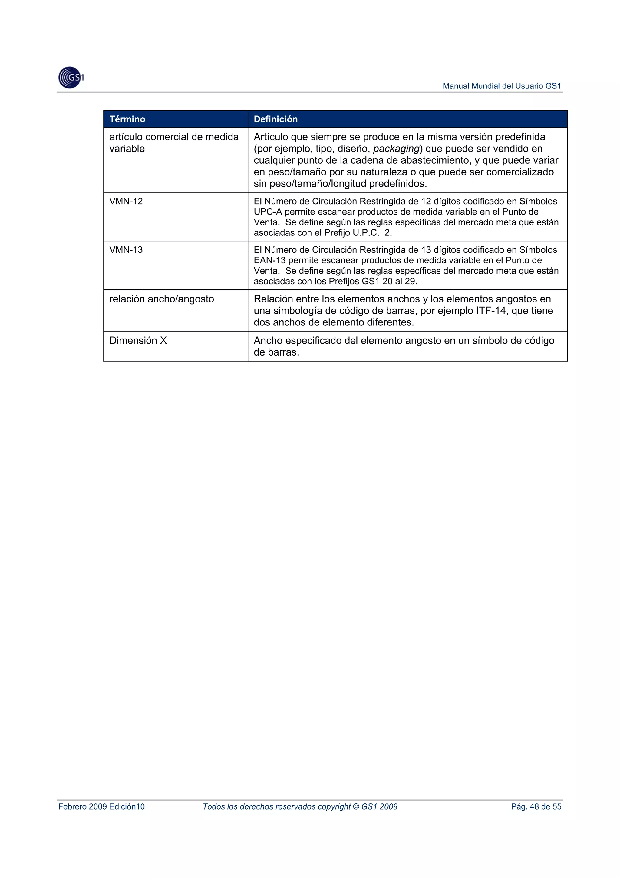 Manual Mundial del Usuario GS1



            Término                          Definición
            artículo comercial de medida     Artículo que siempre se produce en la misma versión predefinida
            variable                         (por ejemplo, tipo, diseño, packaging) que puede ser vendido en
                                             cualquier punto de la cadena de abastecimiento, y que puede variar
                                             en peso/tamaño por su naturaleza o que puede ser comercializado
                                             sin peso/tamaño/longitud predefinidos.
            VMN-12                           El Número de Circulación Restringida de 12 dígitos codificado en Símbolos
                                             UPC-A permite escanear productos de medida variable en el Punto de
                                             Venta. Se define según las reglas específicas del mercado meta que están
                                             asociadas con el Prefijo U.P.C. 2.
            VMN-13                           El Número de Circulación Restringida de 13 dígitos codificado en Símbolos
                                             EAN-13 permite escanear productos de medida variable en el Punto de
                                             Venta. Se define según las reglas específicas del mercado meta que están
                                             asociadas con los Prefijos GS1 20 al 29.
            relación ancho/angosto           Relación entre los elementos anchos y los elementos angostos en
                                             una simbología de código de barras, por ejemplo ITF-14, que tiene
                                             dos anchos de elemento diferentes.
            Dimensión X                      Ancho especificado del elemento angosto en un símbolo de código
                                             de barras.




Febrero 2009 Edición10          Todos los derechos reservados copyright © GS1 2009                         Pág. 48 de 55
 