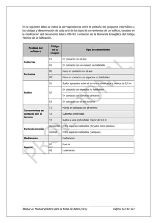 En la siguiente tabla se indica la correspondencia entre la pestaña del programa informático y
los códigos y denominación de cada uno de los tipos de cerramientos de un edificio, basados en
la clasificación del Documento Básico DB-HE1 Limitación de la Demanda Energética del Código
Técnico de la Edificación.


                       Código
     Pestaña del
                        en la                             Tipo de cerramiento
      software
                       imagen

                      C1           En contacto con el aire
 Cubiertas
                      C2           En contacto con un espacio no habitable

                      M1           Muro en contacto con el aire
 Fachadas
                      M2           Muro en contacto con espacios no habitables

                      S1           Suelos apoyados sobre el terreno o enterrados a menos de 0,5 m.

                                   En contacto con espacios no habitables
 Suelos               S2
                                   En contacto con cámaras sanitarias

                      S3           En contacto con el aire exterior

                      T1           Muros en contacto con el terreno
 Cerramientos en
 contacto con el      T2           Cubiertas enterradas
 terreno
                      T3           Suelos a una profundidad mayor de 0,5 m

                      Horizontal   Entre espacios habitables (forjados entre plantas)
 Partición interior
                      Vertical     Entre espacios habitables (tabiques)

 Medianeras                        Medianeras

                      H1           Huecos
 Huecos
                      H2           Lucernarios




Bloque II. Manual práctico para la toma de datos (CE3)                             Página 122 de 327
 