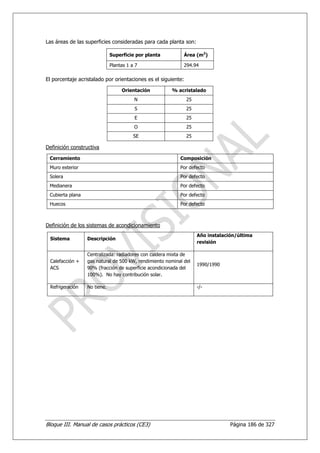 Las áreas de las superficies consideradas para cada planta son:

                              Superficie por planta          Área (m2)

                              Plantas 1 a 7                  294.94

El porcentaje acristalado por orientaciones es el siguiente:

                                   Orientación         % acristalado
                                         N                     25
                                         S                     25
                                         E                     25
                                         O                     25
                                         SE                    25

Definición constructiva

 Cerramiento                                               Composición
 Muro exterior                                             Por defecto
 Solera                                                    Por defecto
 Medianera                                                 Por defecto
 Cubierta plana                                            Por defecto
 Huecos                                                    Por defecto



Definición de los sistemas de acondicionamiento
                                                                    Año instalación/última
 Sistema          Descripción
                                                                    revisión

                  Centralizada: radiadores con caldera mixta de
 Calefacción +    gas natural de 500 kW, rendimiento nominal del
                                                                    1990/1990
 ACS              90% (fracción de superficie acondicionada del
                  100%). No hay contribución solar.

 Refrigeración    No tiene.                                         -/-




Bloque III. Manual de casos prácticos (CE3)                                      Página 186 de 327
 